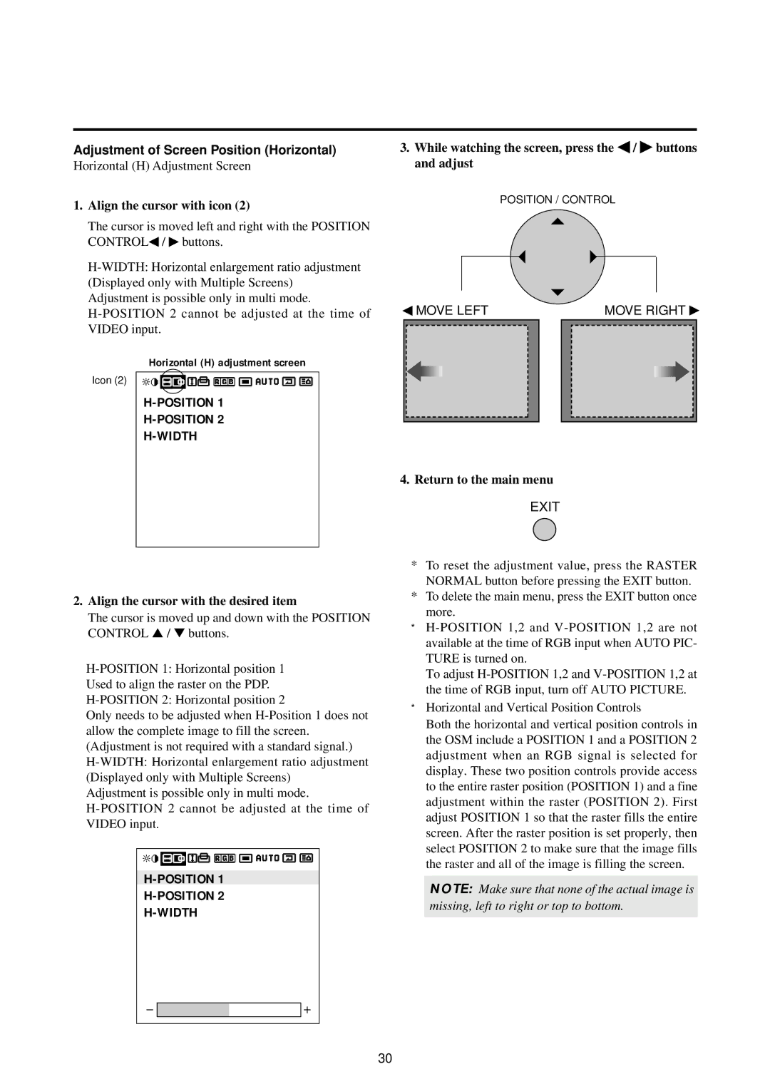 NEC 50PD1, 42PD2 Position Width, Adjustment of Screen Position Horizontal, Align the cursor with the desired item 