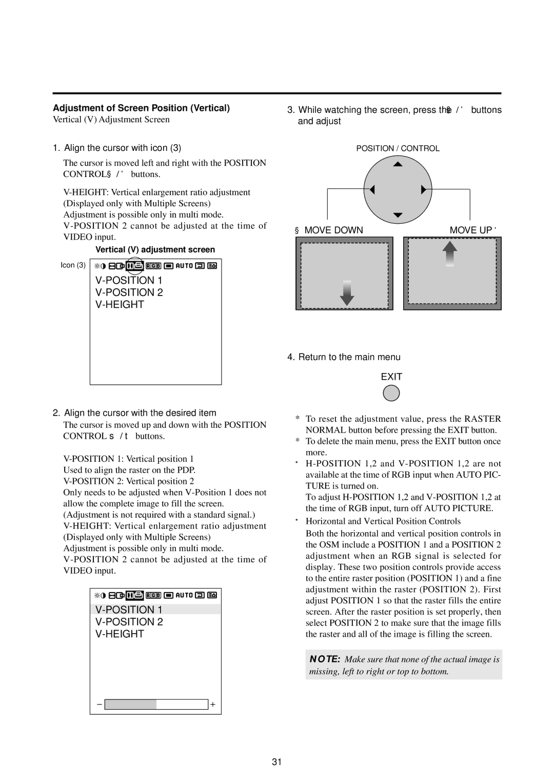 NEC 42PD2, 50PD1, 50PD1, 42PD2 user manual Position Height, Adjustment of Screen Position Vertical 