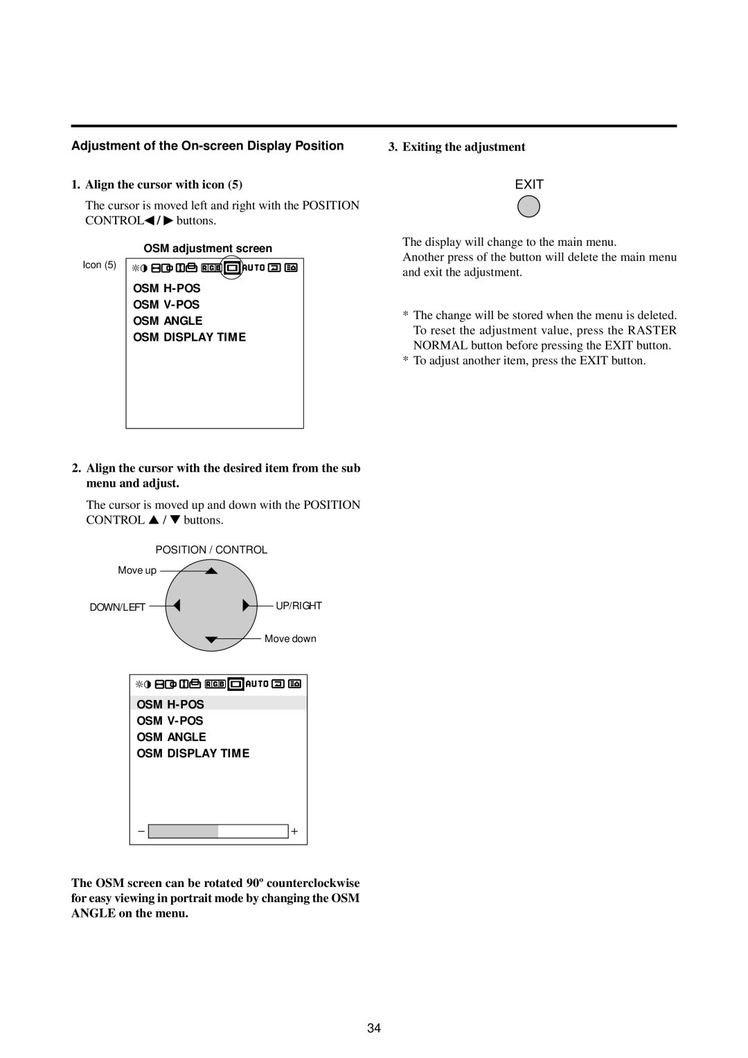 NEC 50PD1, 42PD2 user manual OSM H-POS OSM V-POS OSM Angle OSM Display Time, Adjustment of the On-screen Display Position 