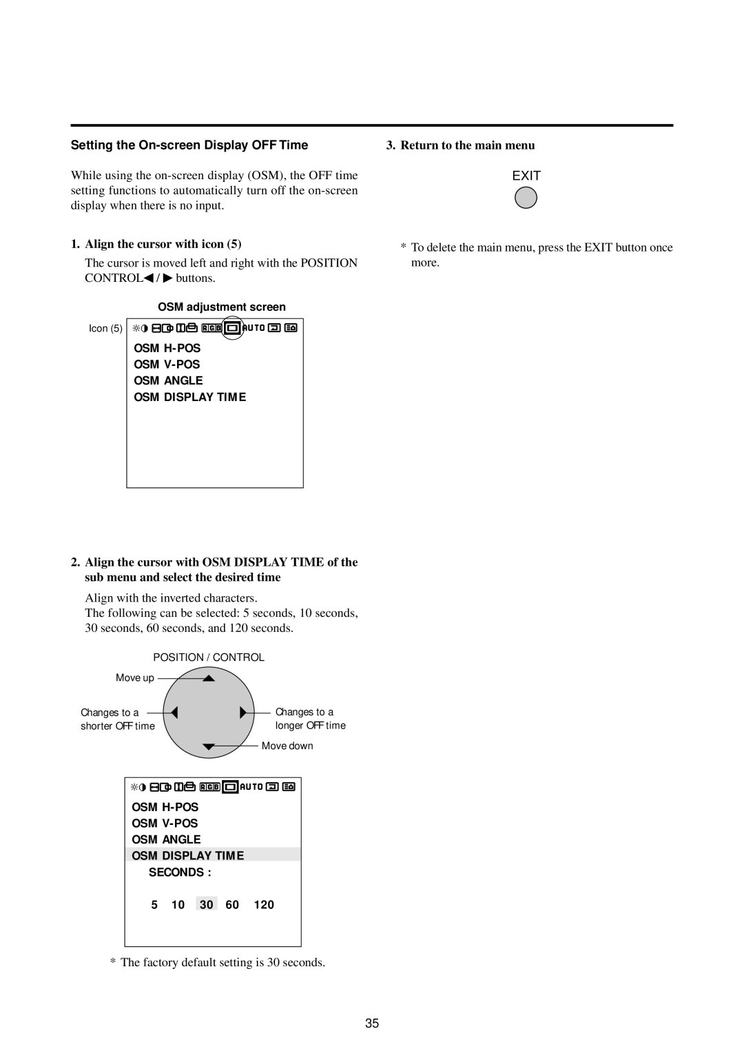 NEC 42PD2, 50PD1 user manual OSM H-POS OSM V-POS OSM Angle OSM Display Time Seconds, Setting the On-screen Display OFF Time 