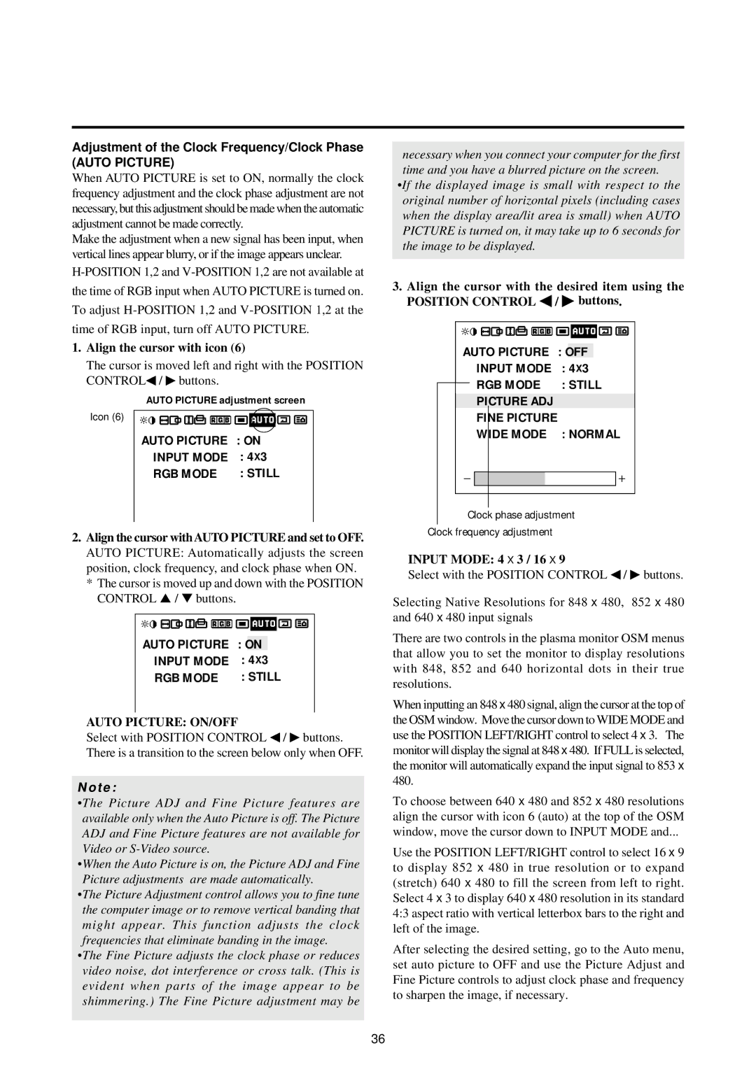 NEC 50PD1, 42PD2 user manual RGB Mode Still, Normal, Adjustment of the Clock Frequency/Clock Phase, Input Mode 4 X 3 / 16 X 