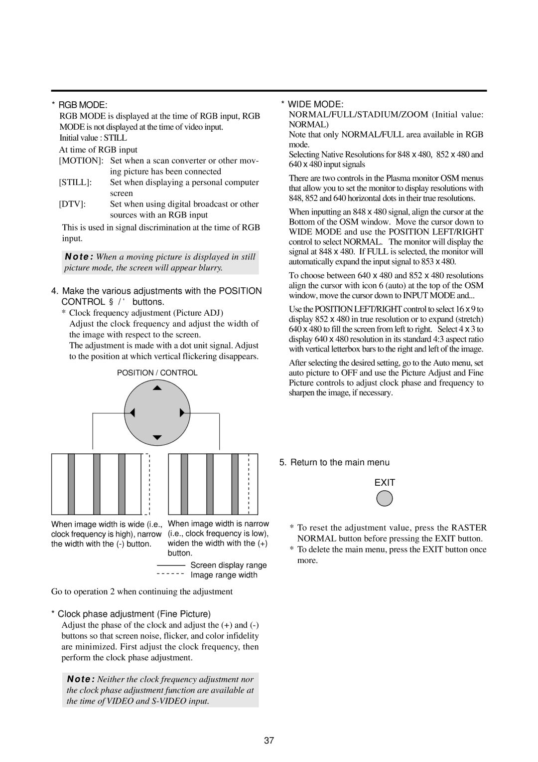 NEC 42PD2, 50PD1, 50PD1, 42PD2 user manual RGB Mode, Clock phase adjustment Fine Picture 