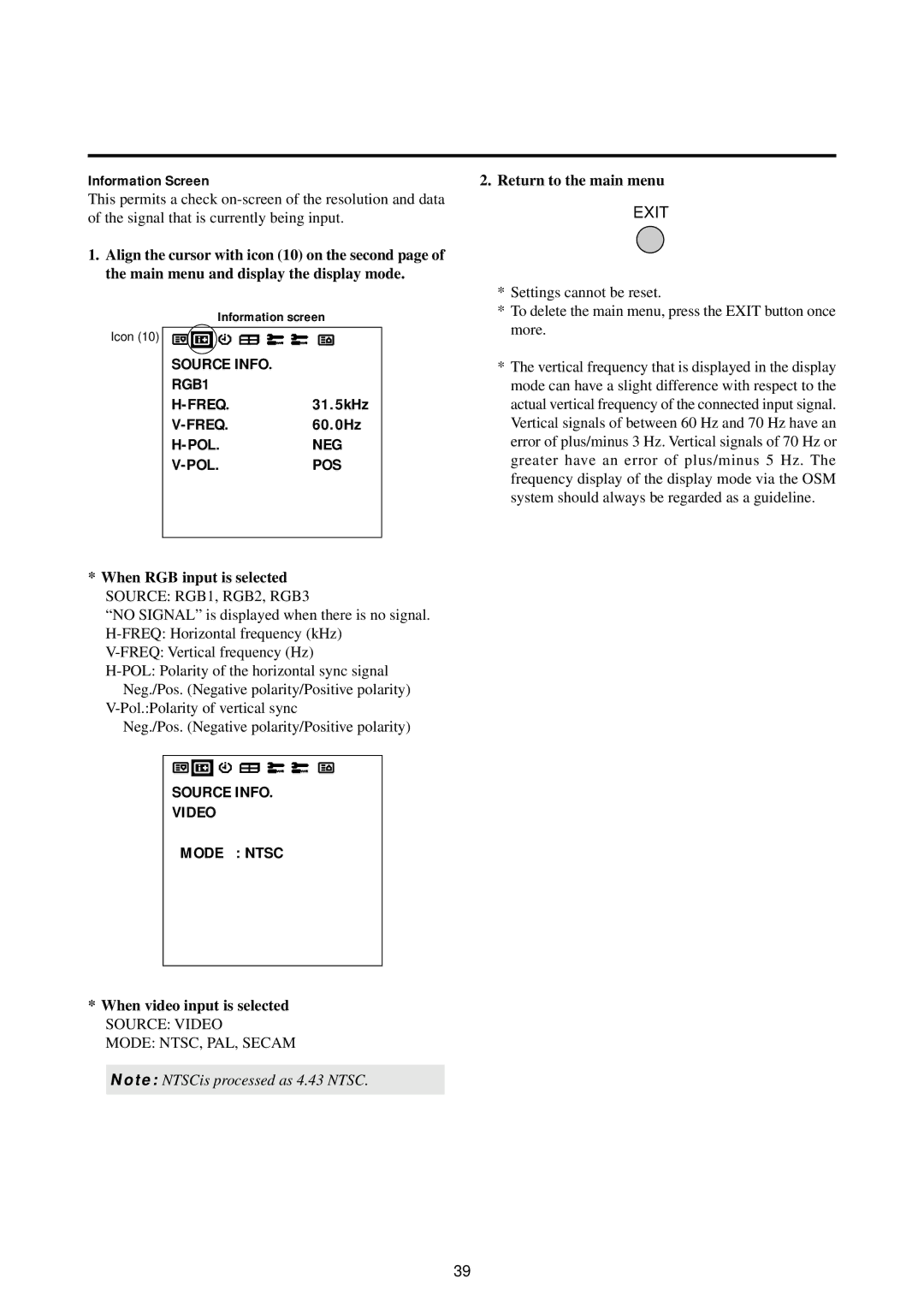 NEC 42PD2, 50PD1 Source Info Video Mode Ntsc, Information Screen, When RGB input is selected Source RGB1, RGB2, RGB3 