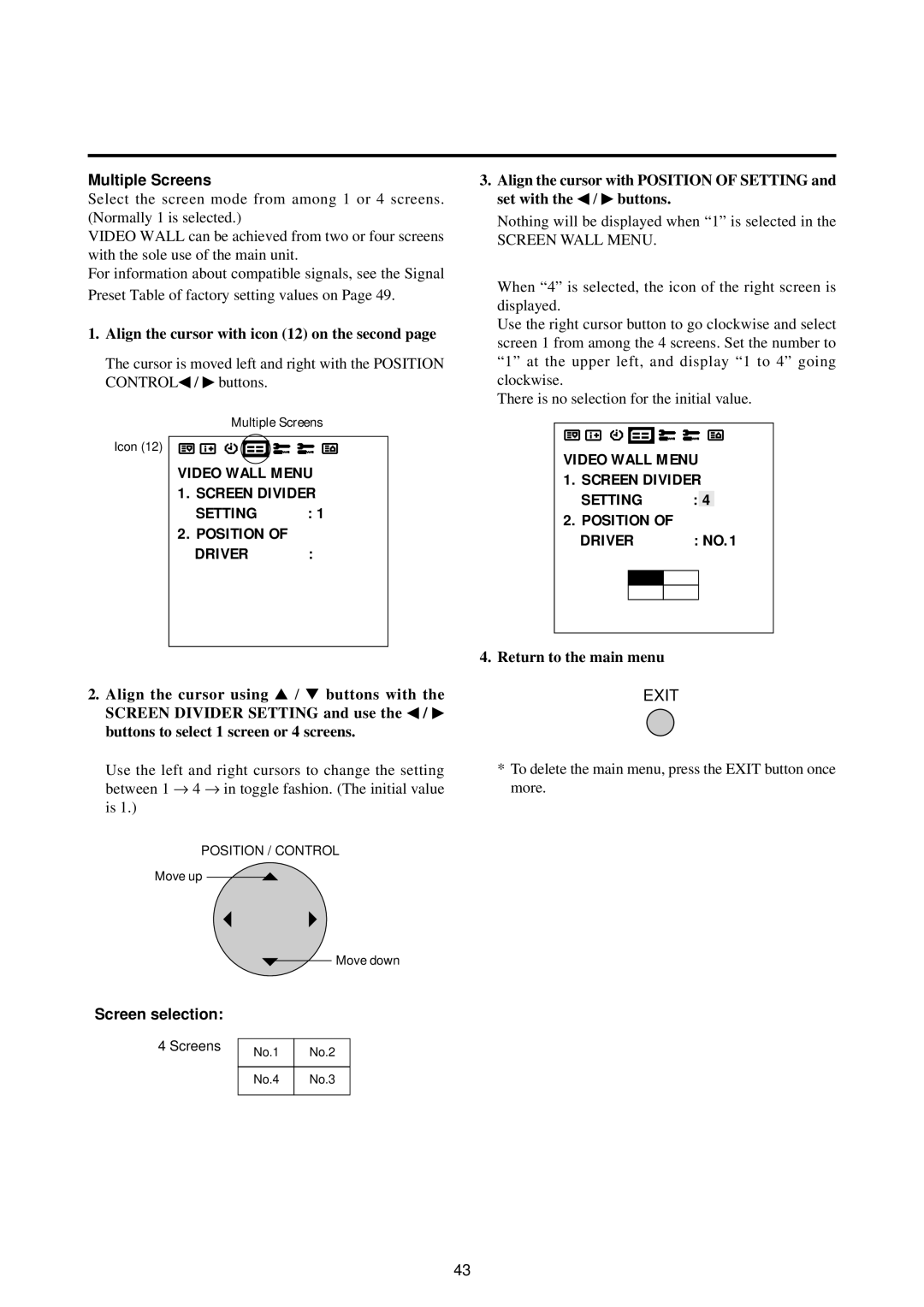 NEC 42PD2, 50PD1 Setting Position Driver NO.1, Multiple Screens, Align the cursor with icon 12 on the second 