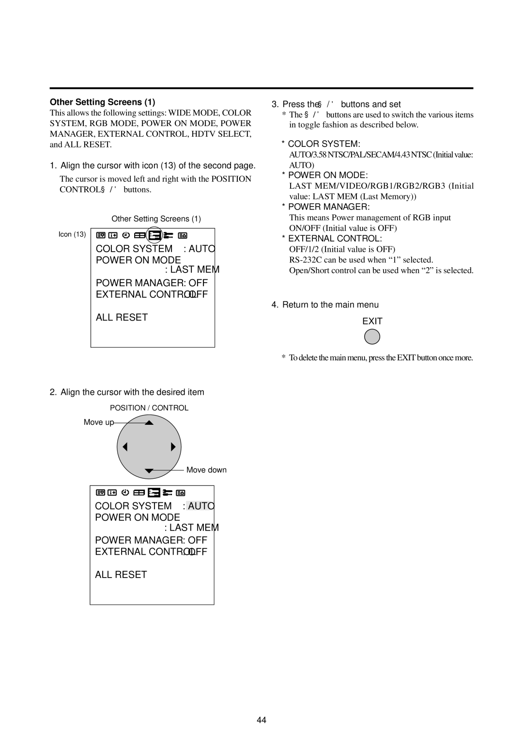 NEC 50PD1, 42PD2, 42PD2, 50PD1 user manual Color System, Other Setting Screens, Align the cursor with icon 13 of the second 