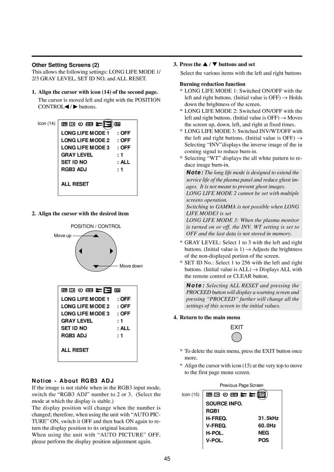 NEC 42PD2, 50PD1, 50PD1, 42PD2 user manual Gray Level SET ID no, RGB3 ADJ ALL Reset, Burning reduction function 