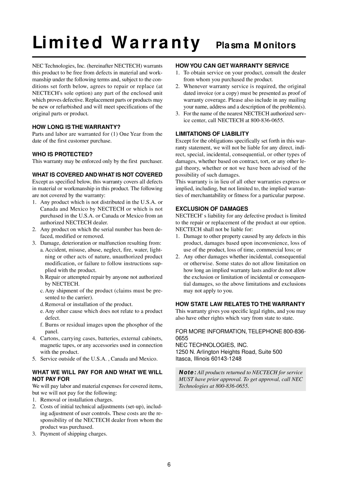 NEC 50PD1, 42PD2, 42PD2, 50PD1 user manual Limited Warranty Plasma Monitors, What is Covered and What is not Covered 