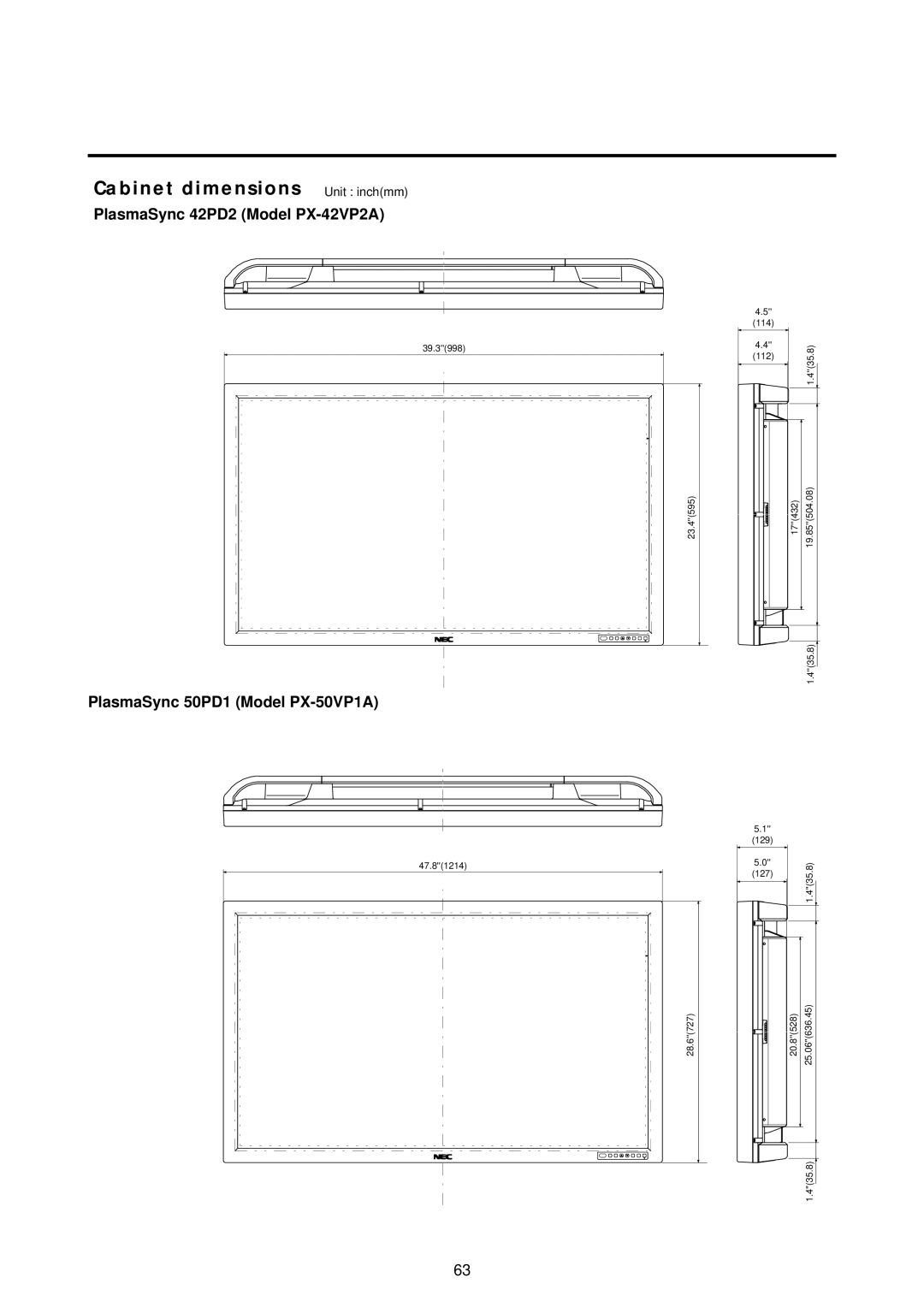 NEC 42PD2, 50PD1, 50PD1, 42PD2 user manual Cabinet dimensions Unit inchmm, PlasmaSync 42PD2 Model PX-42VP2A 