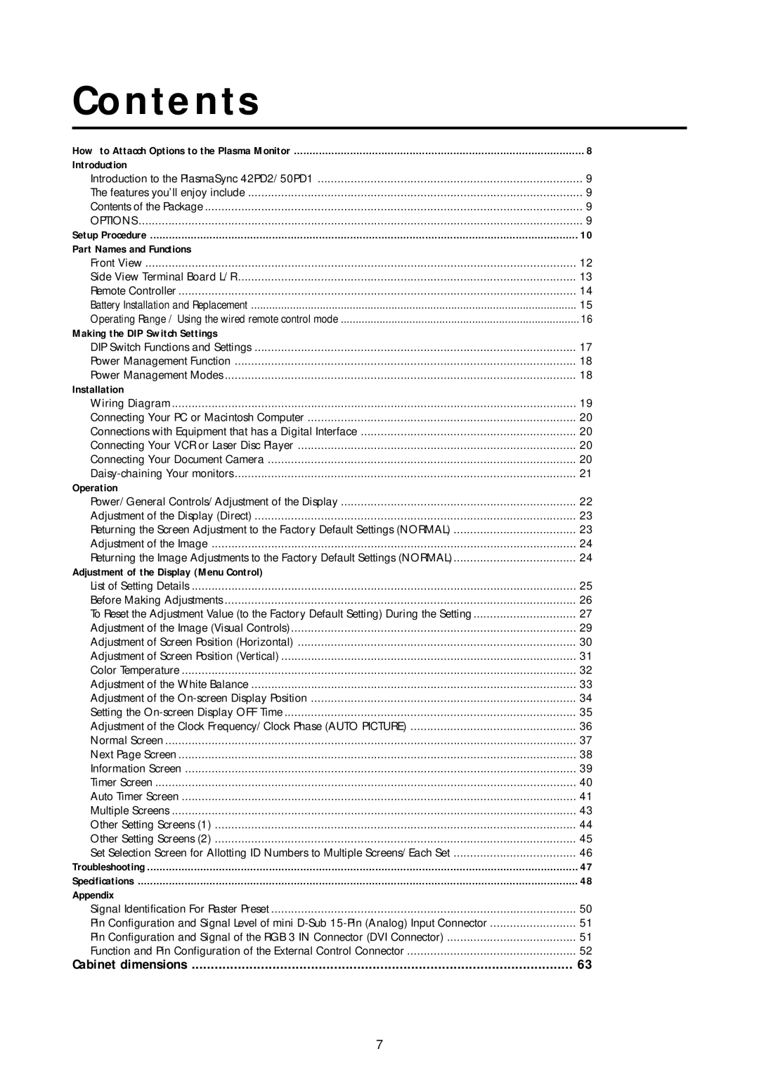 NEC 42PD2, 50PD1, 50PD1, 42PD2 user manual Contents 