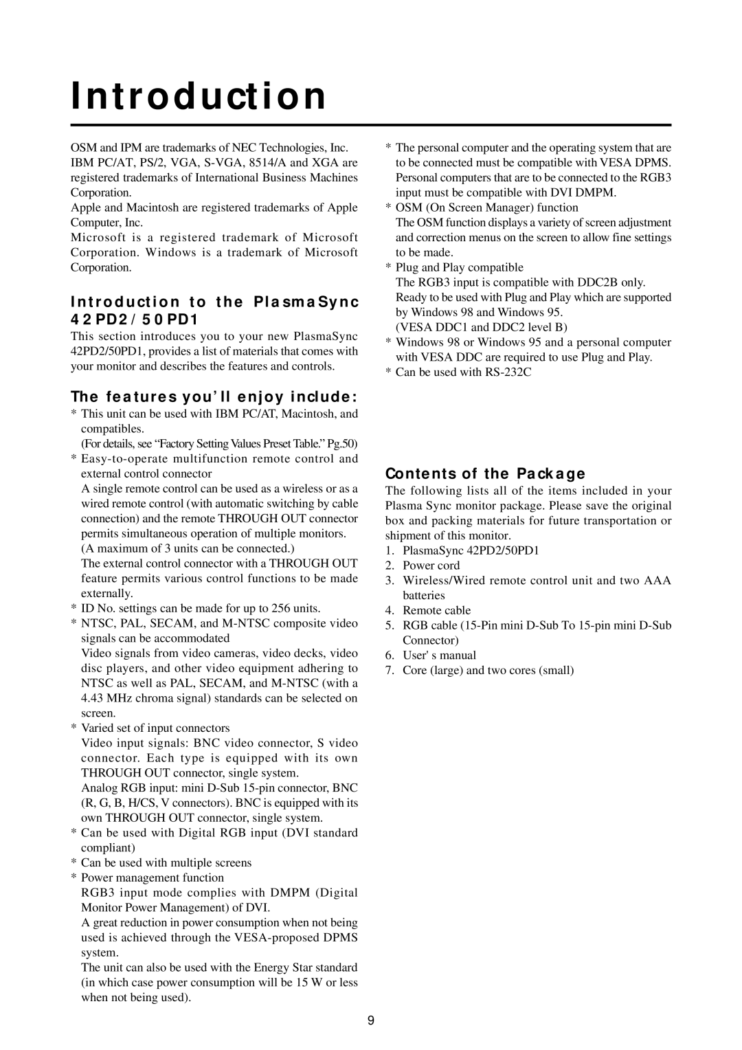 NEC 42PD2, 50PD1 Introduction to the PlasmaSync 42PD2/50PD1, Features you’ll enjoy include, Contents of the Package 