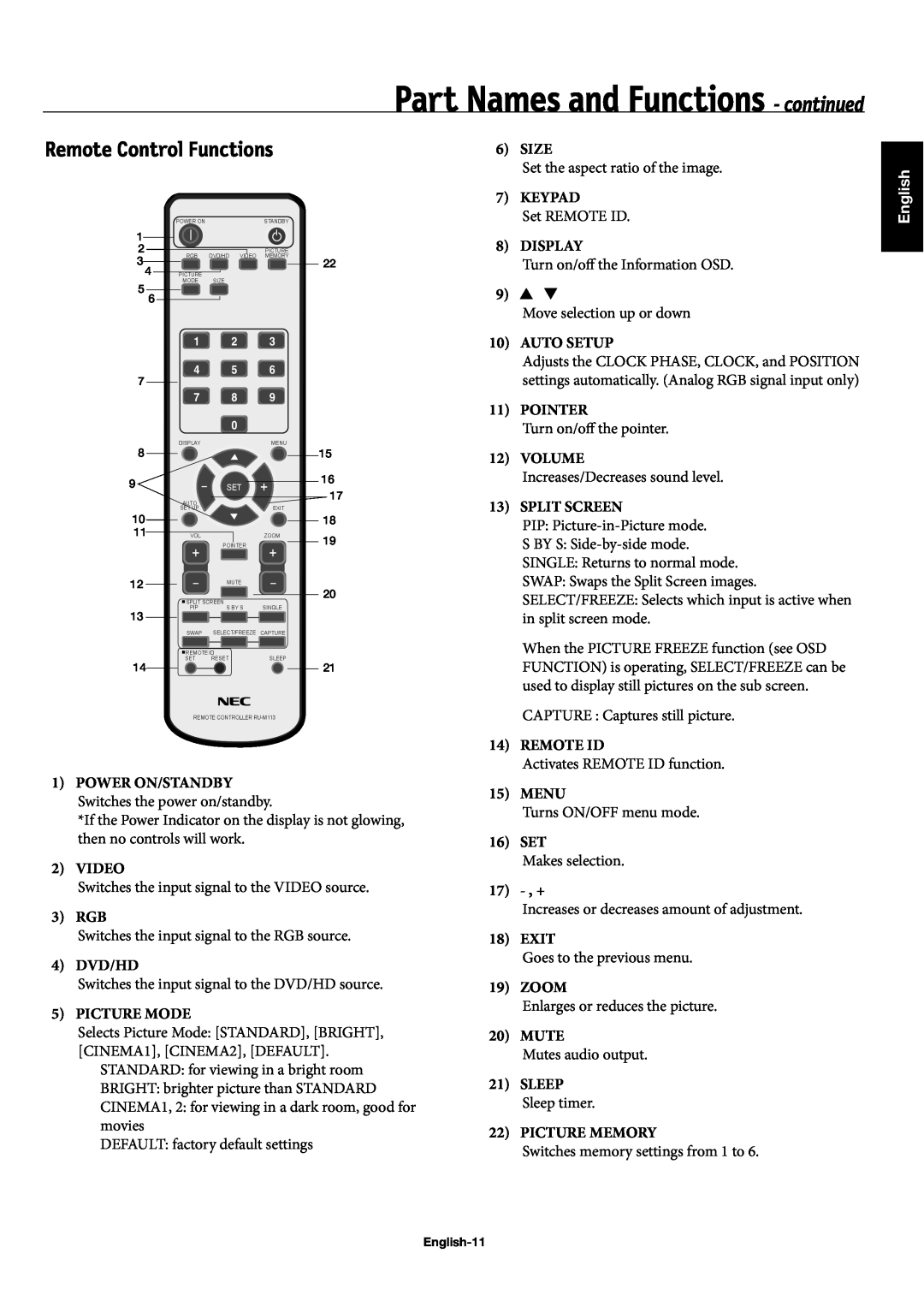 NEC 42XC10, 50XC10, 60XC10 user manual Part Names and Functions - continued, Remote Control Functions, English 
