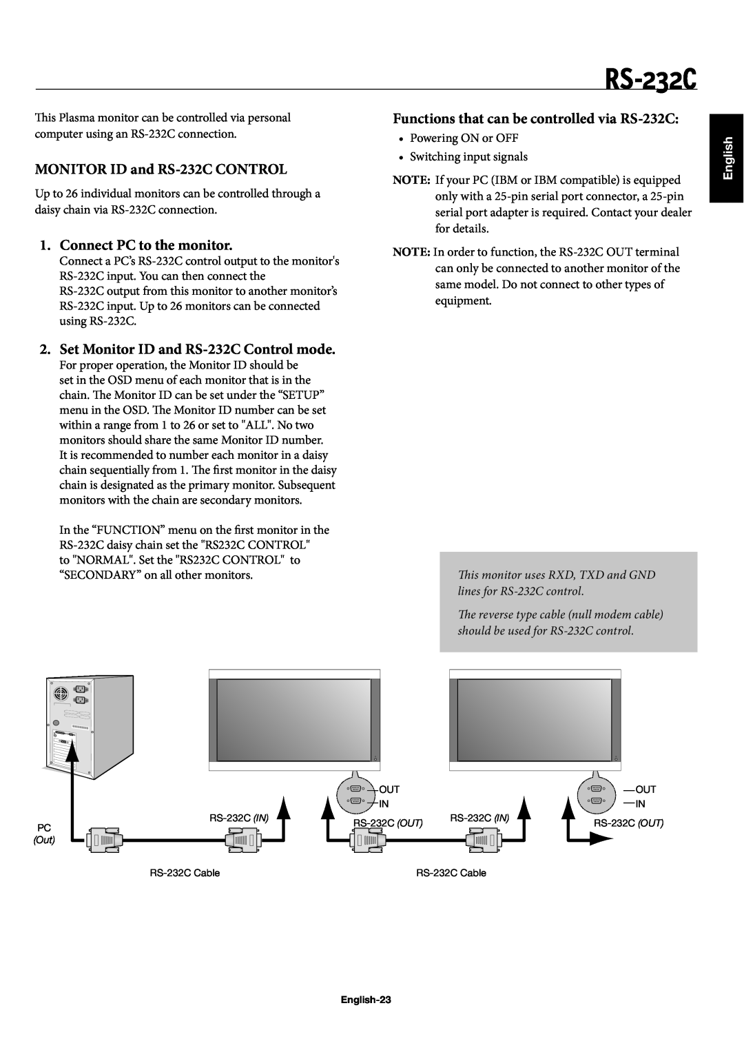 NEC 42XC10 MONITOR ID and RS-232C CONTROL, Functions that can be controlled via RS-232C, Connect PC to the monitor 