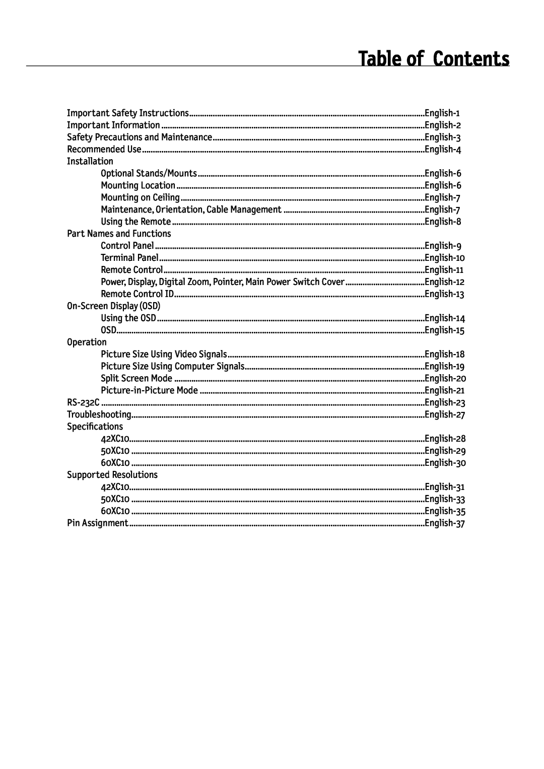 NEC 50XC10, 60XC10, 42XC10 user manual Table of Contents 