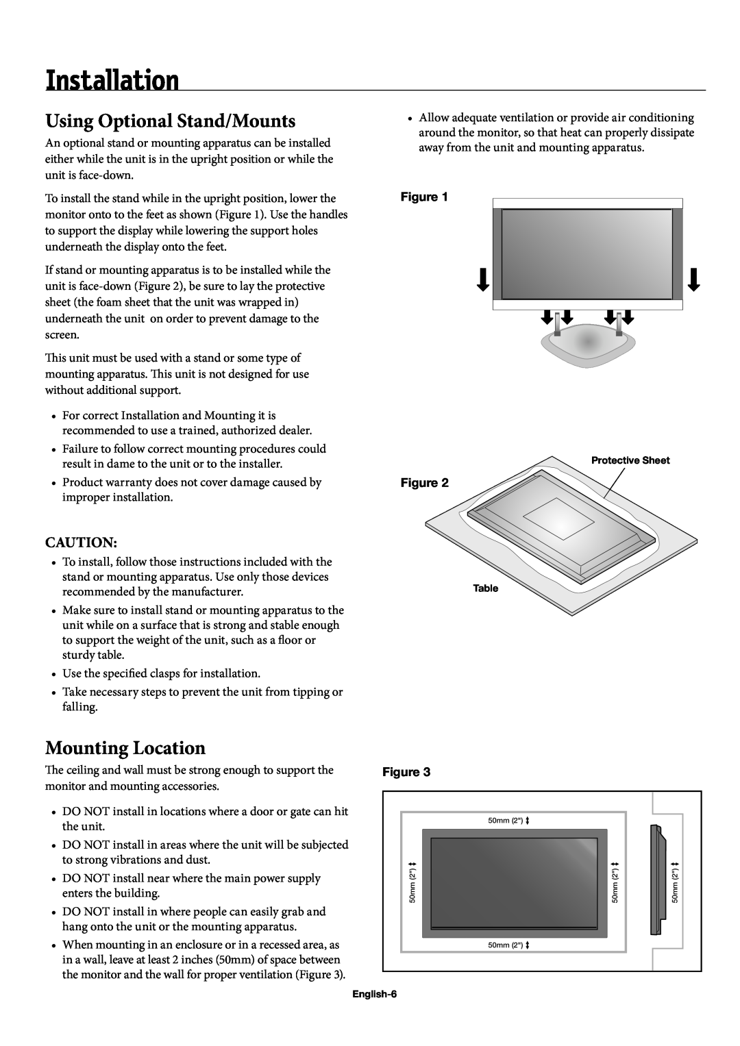 NEC 50XC10, 60XC10, 42XC10 user manual Installation, Using Optional Stand/Mounts, Mounting Location 