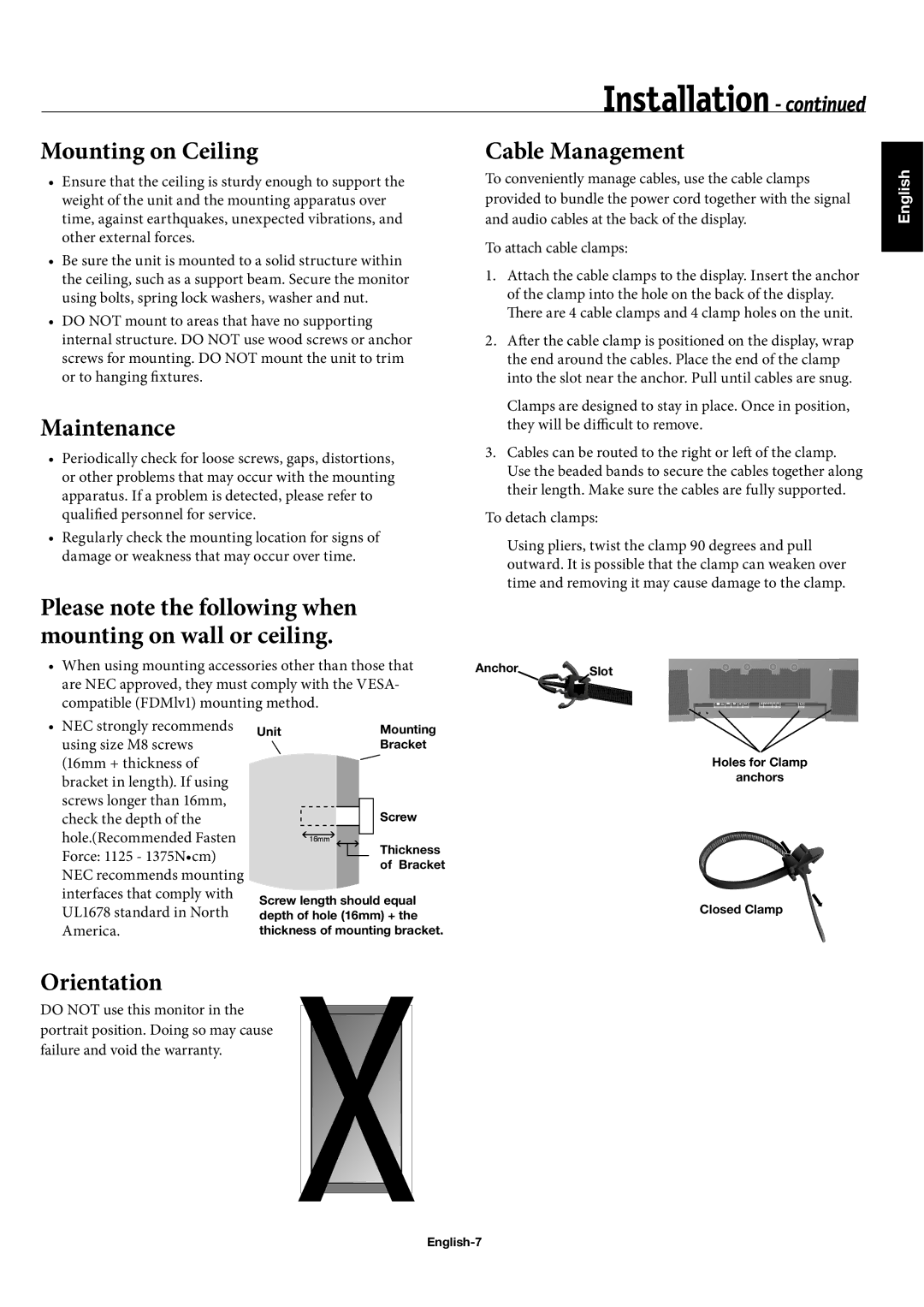 NEC 60XC10 Mounting on Ceiling, Maintenance, Please note the following when mounting on wall or ceiling, Orientation 