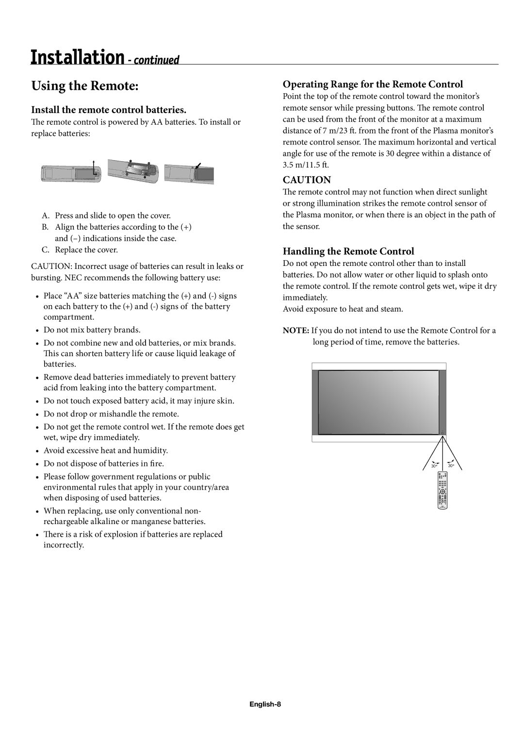 NEC 42XC10 Using the Remote, Install the remote control batteries, Operating Range for the Remote Control, English-8 