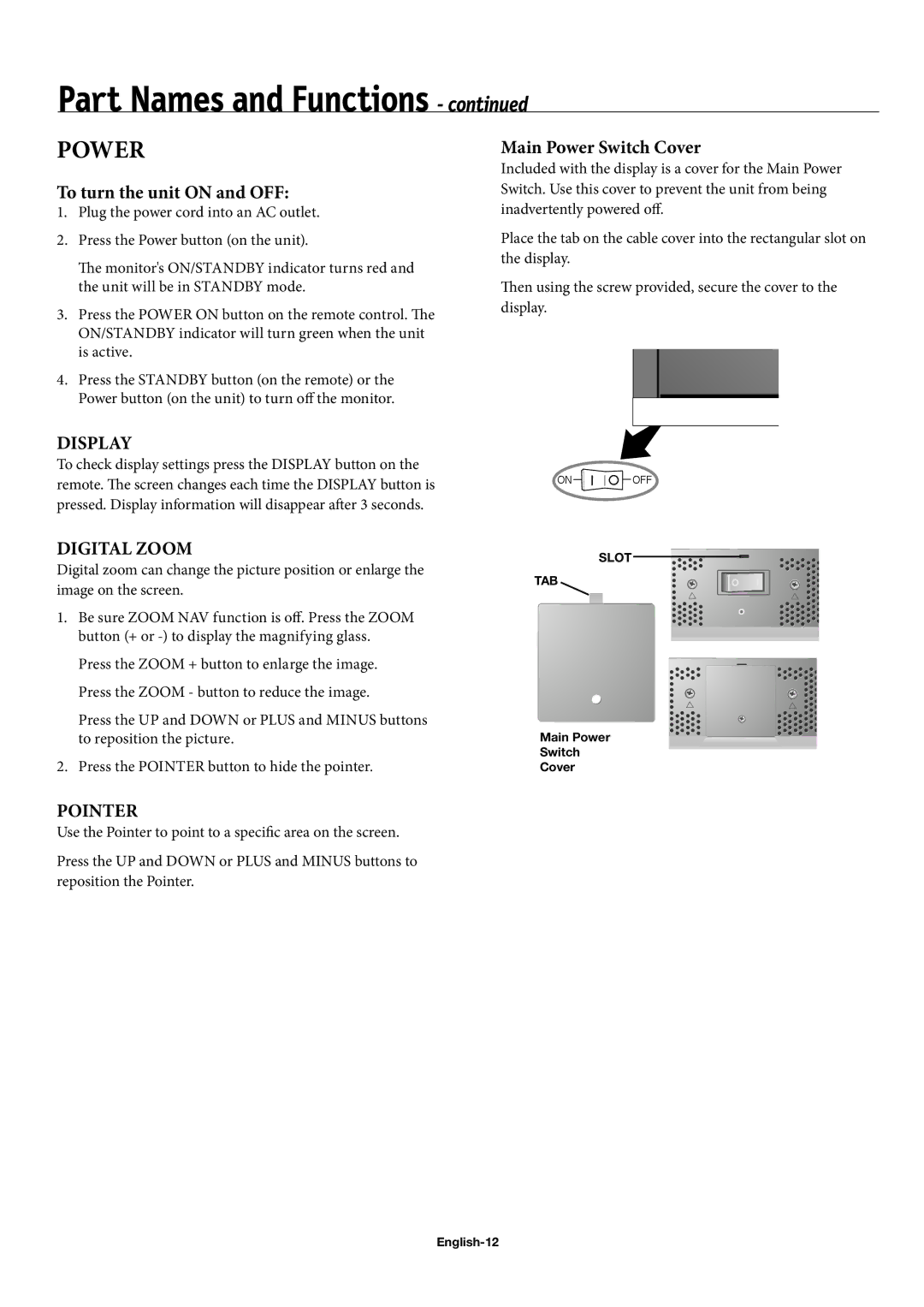 NEC 50XC10, 60XC10, 42XC10 user manual To turn the unit on and OFF, Main Power Switch Cover English-12 