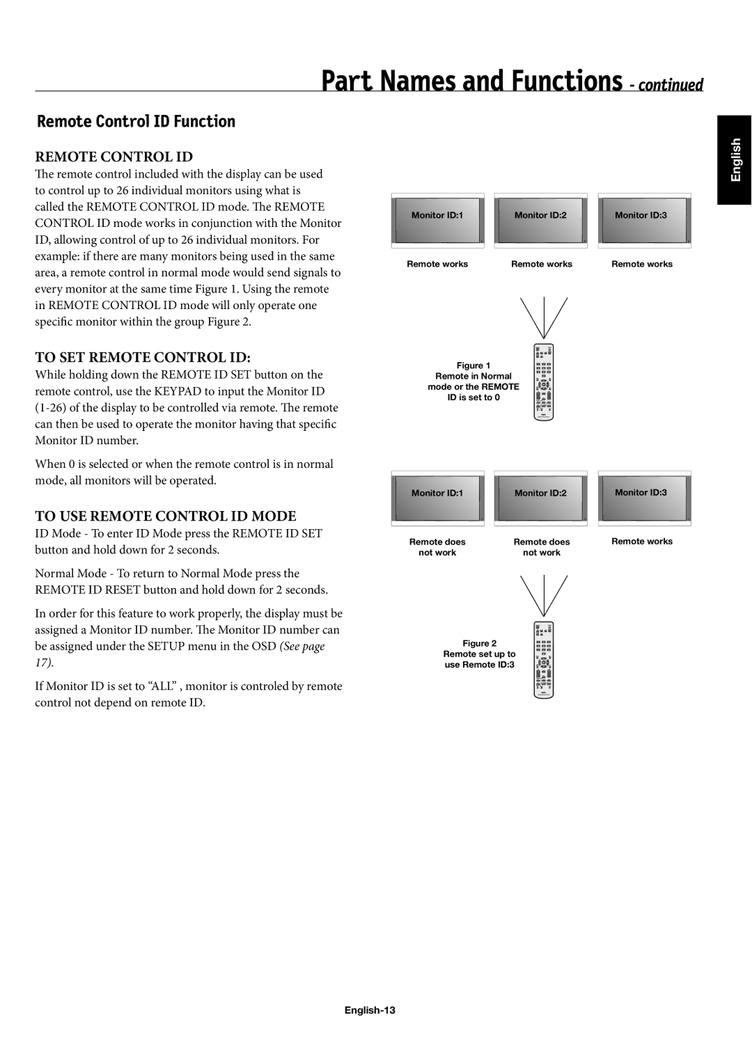 NEC 60XC10, 50XC10, 42XC10 user manual Remote Control ID Function, English-13 