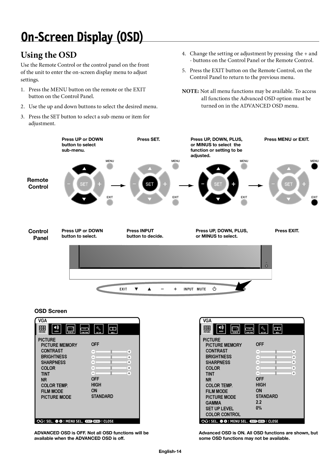 NEC 42XC10, 50XC10, 60XC10 user manual On-Screen Display OSD, Using the OSD 