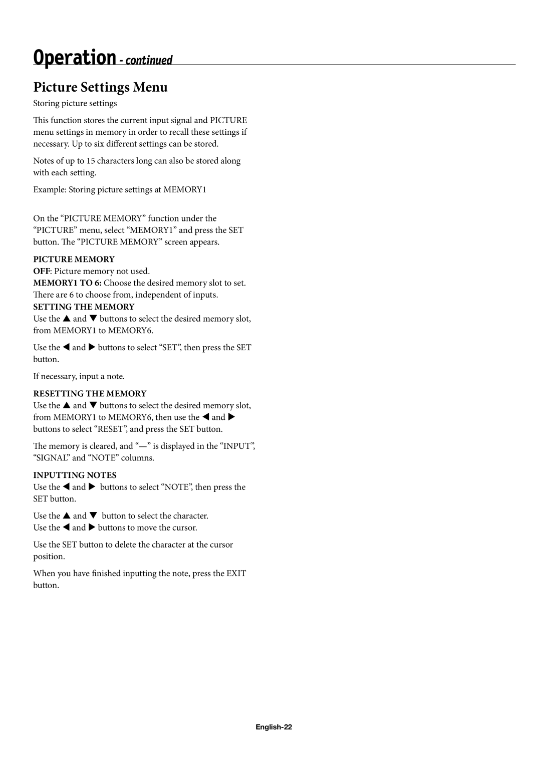 NEC 60XC10, 50XC10, 42XC10 user manual Picture Settings Menu, English-22 