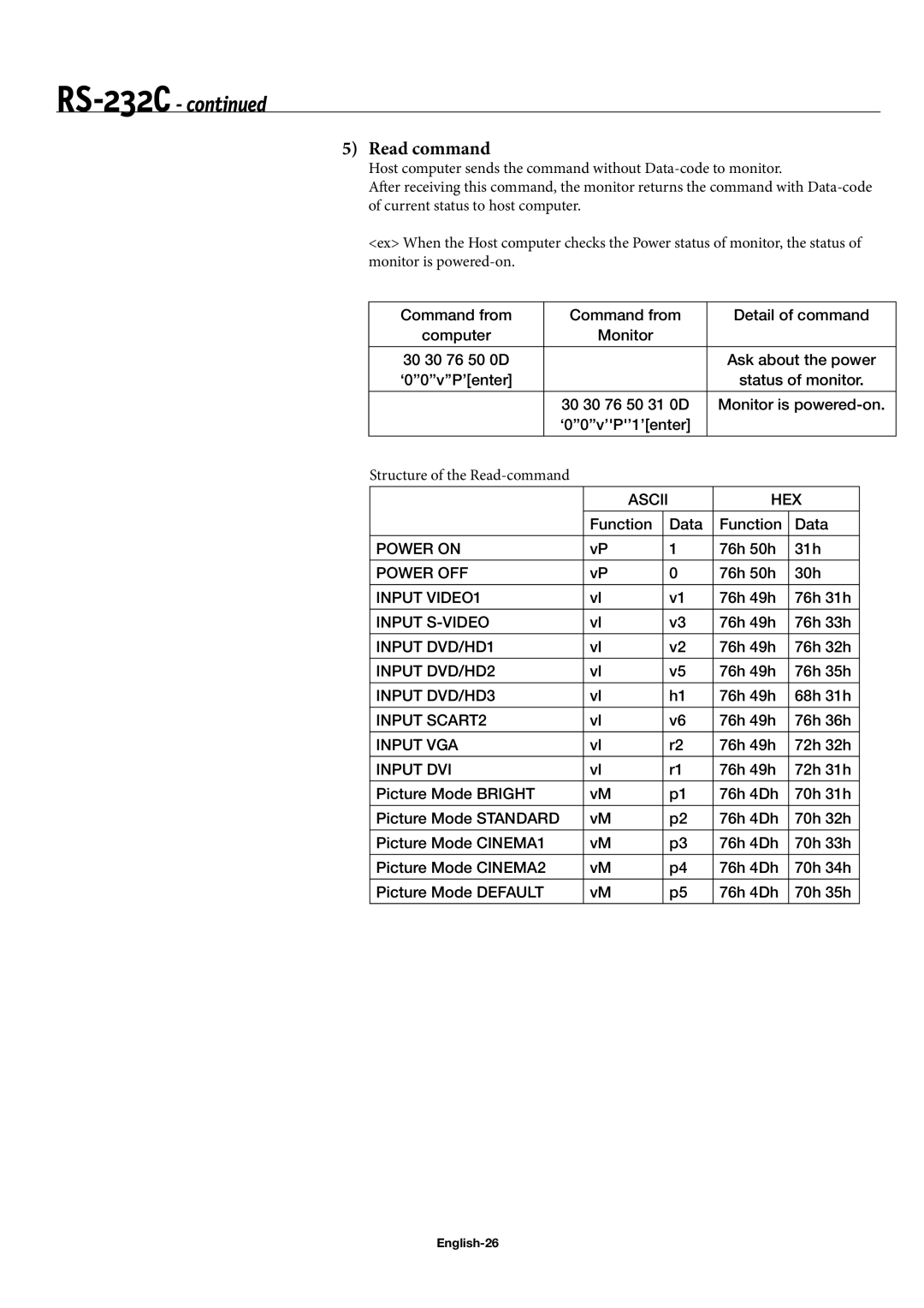 NEC 42XC10, 50XC10, 60XC10 user manual Read command, English-26 