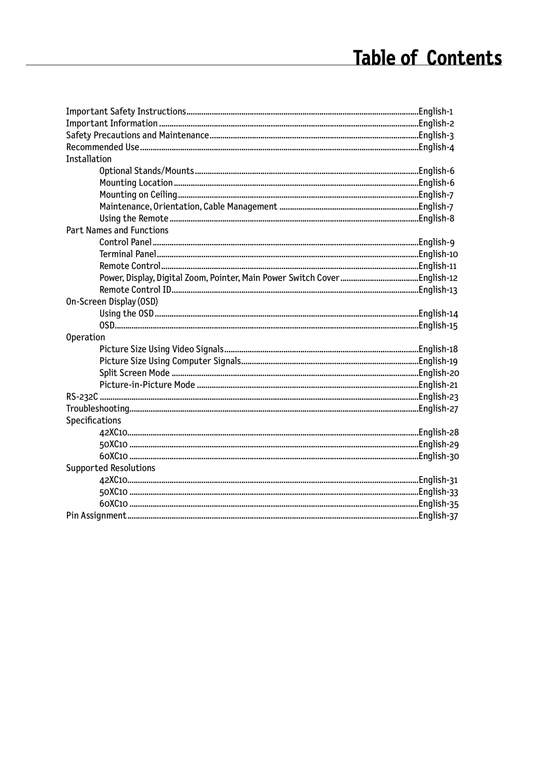 NEC 50XC10, 60XC10, 42XC10 user manual Table of Contents 