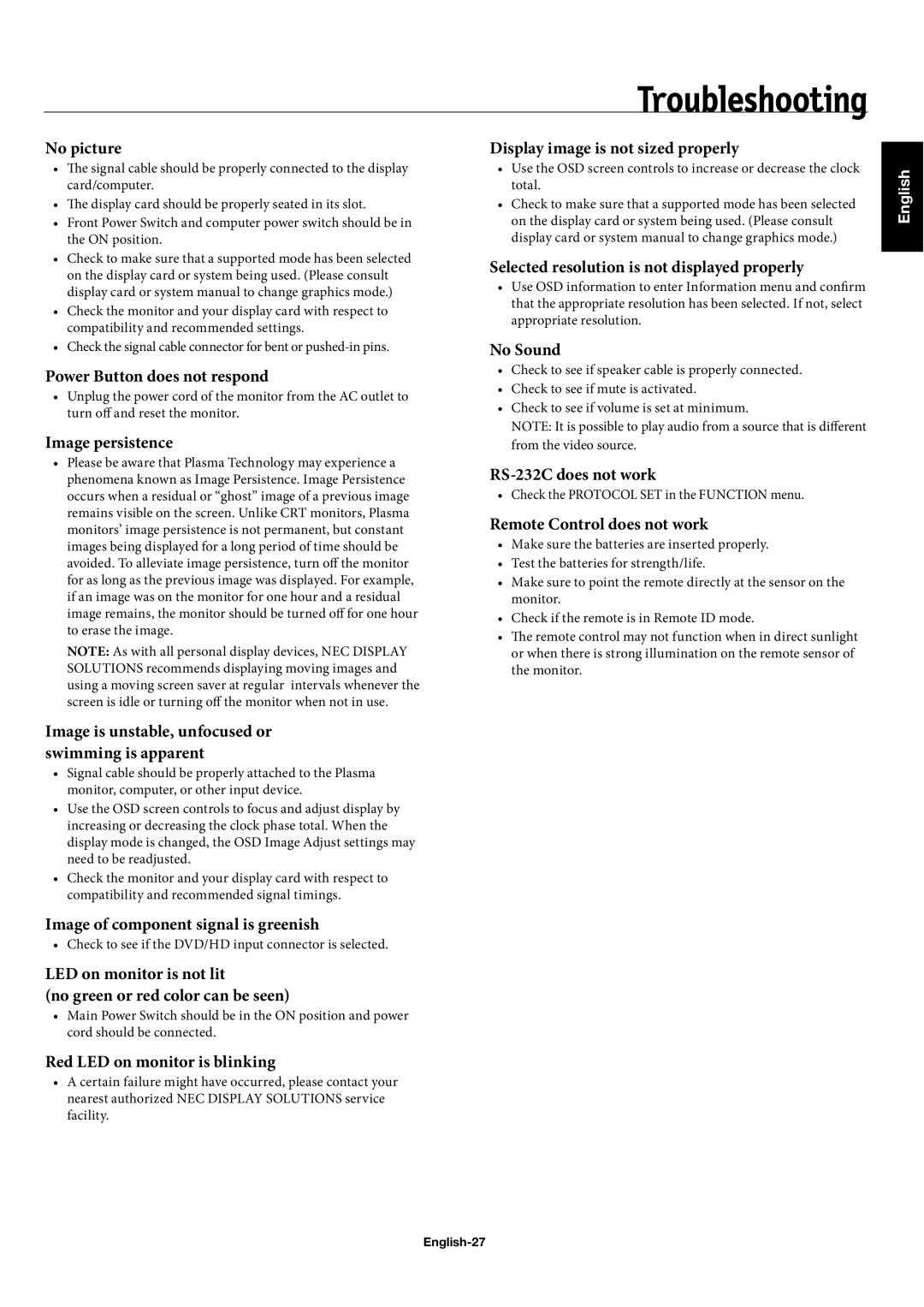 NEC 50XC10, 60XC10, 42XC10 user manual Troubleshooting, English-27 