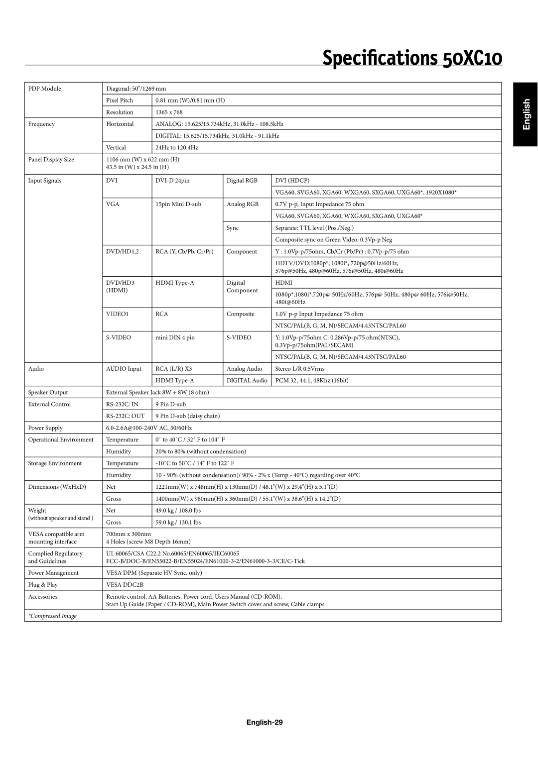 NEC 42XC10, 60XC10 user manual Speciﬁcations 50XC10, English-29 