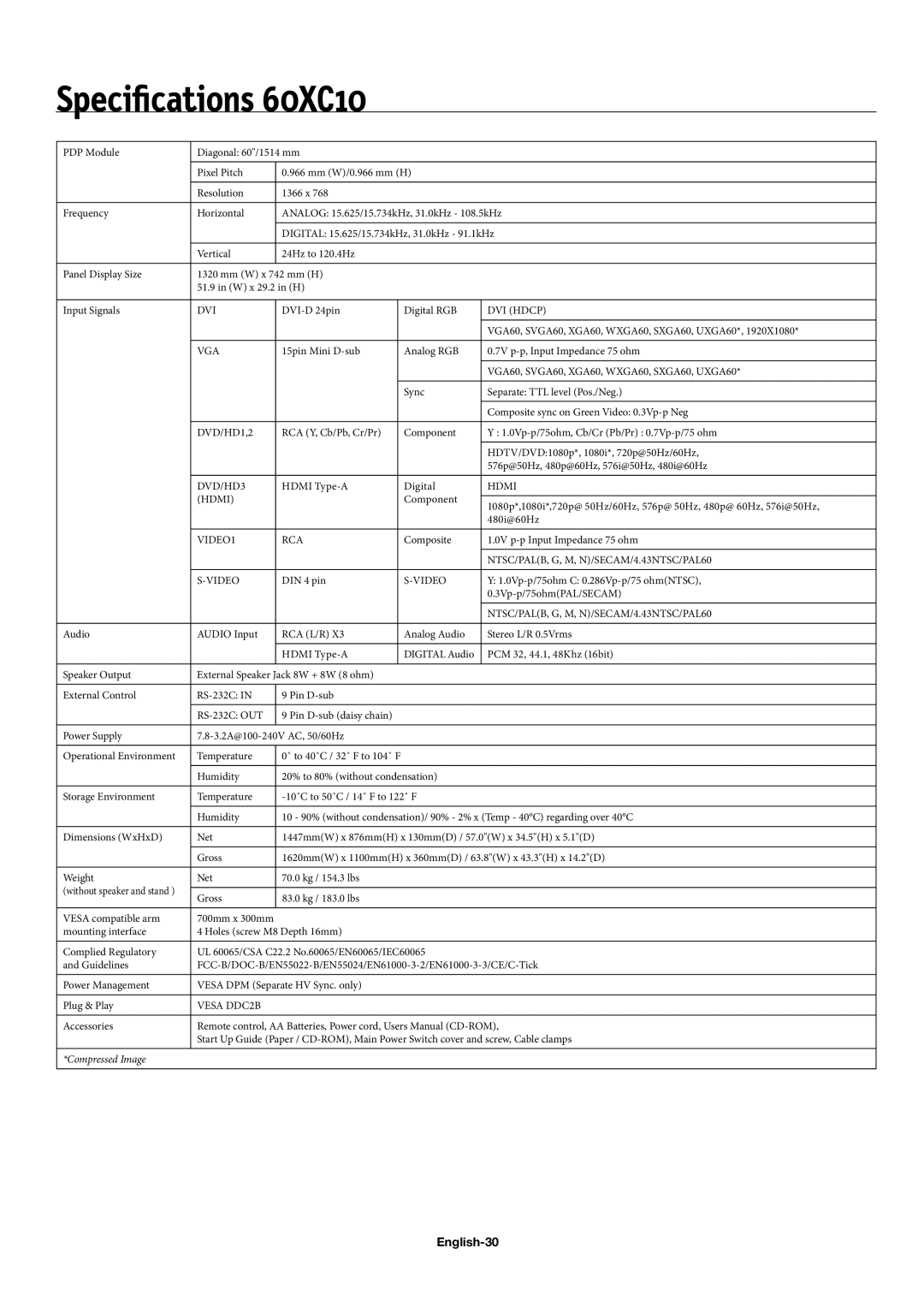 NEC 50XC10, 42XC10 user manual Speciﬁcations 60XC10, English-30 