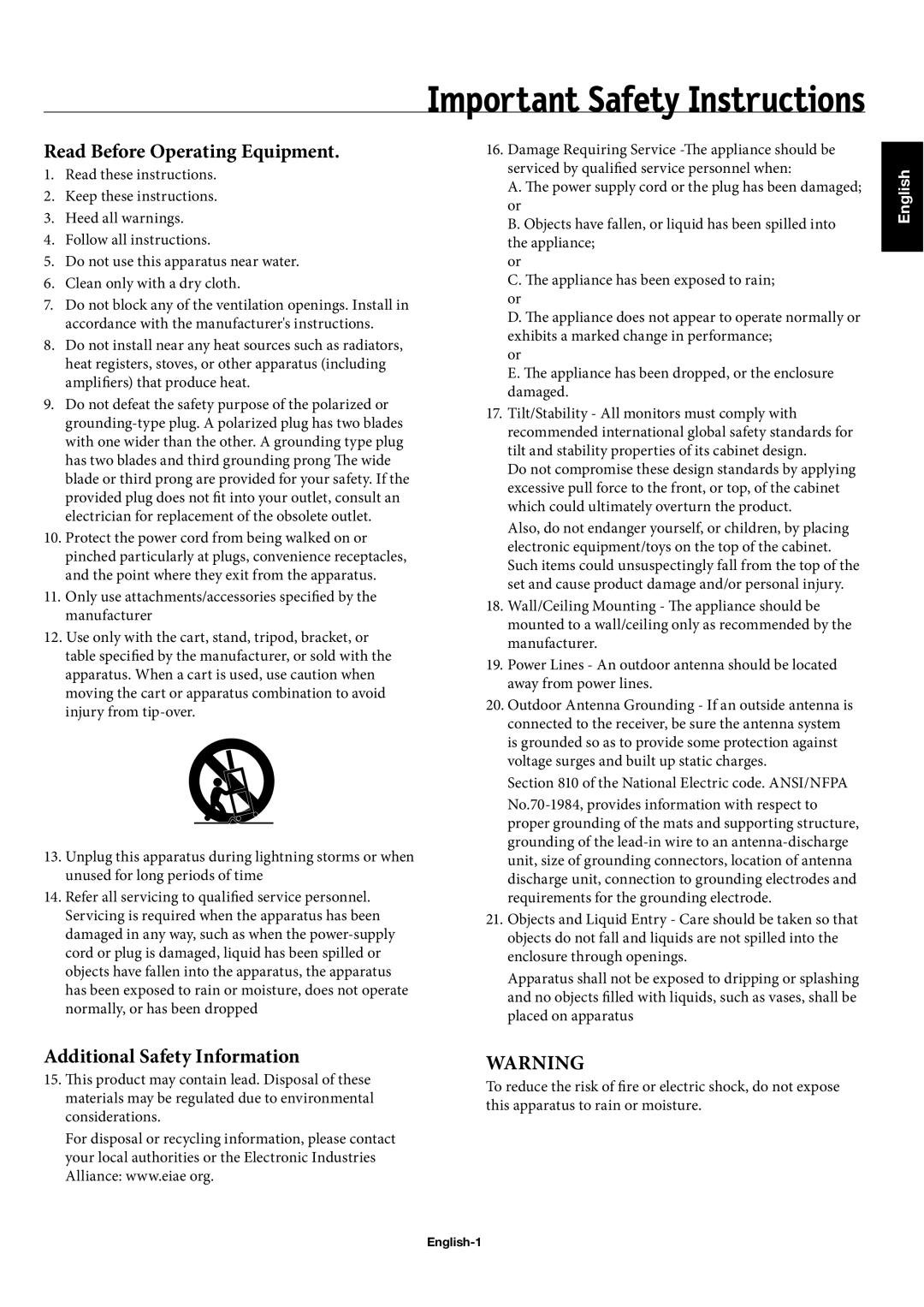 NEC 60XC10, 50XC10, 42XC10 user manual Important Safety Instructions, English-1 