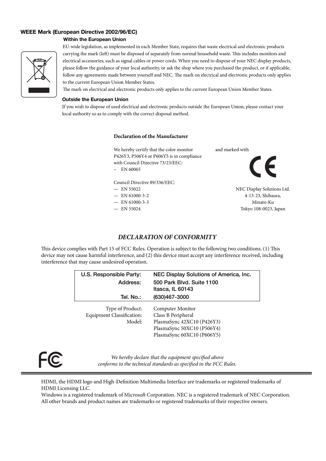 NEC 42XC10, 50XC10, 60XC10 user manual Weee Mark European Directive 2002/96/EC, Declaration of the Manufacturer 