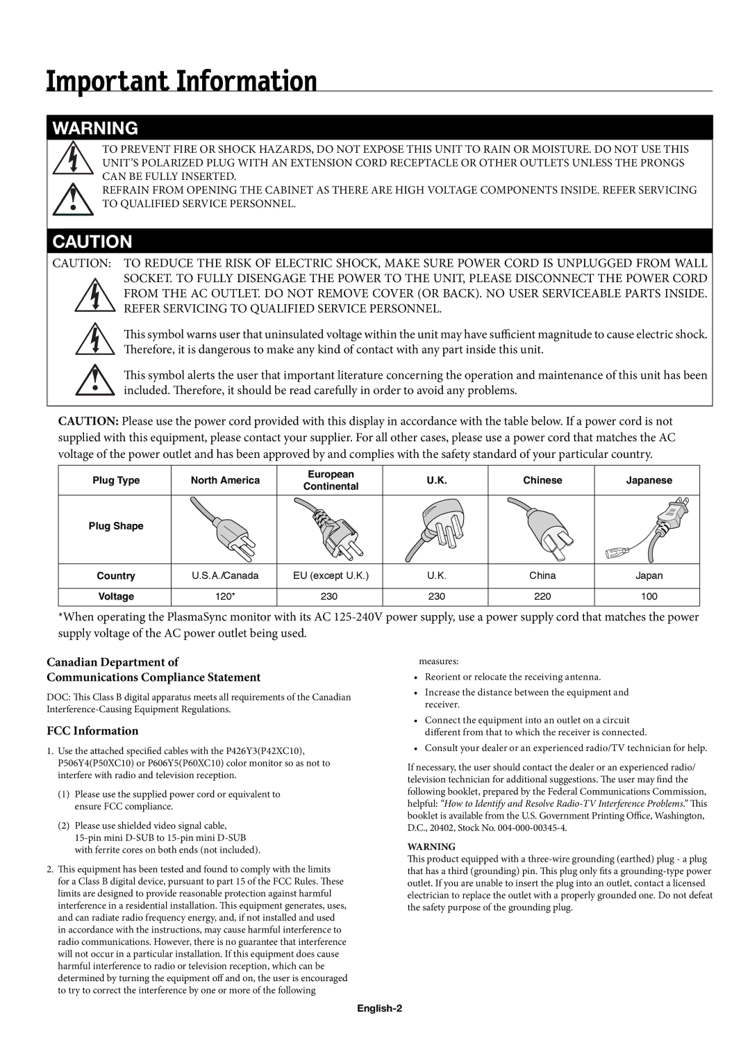 NEC 42XC10 Important Information, Canadian Department Communications Compliance Statement, FCC Information, English-2 