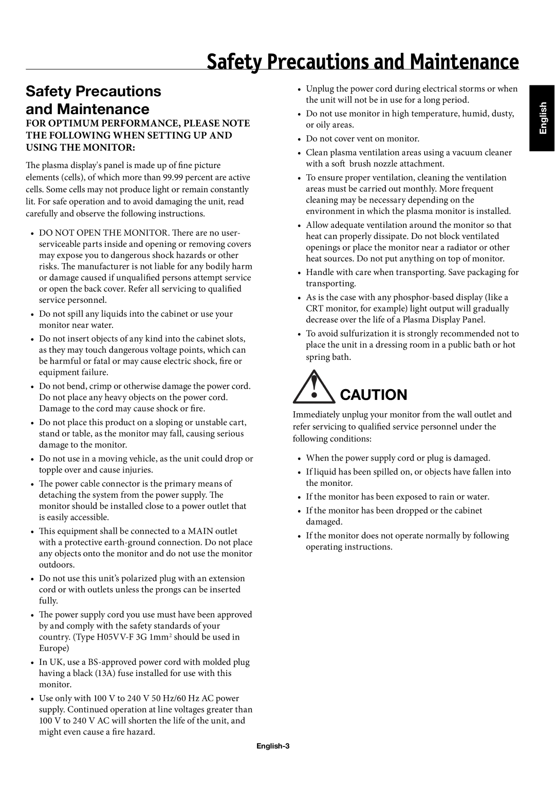 NEC 50XC10, 60XC10, 42XC10 user manual Safety Precautions and Maintenance, English-3 