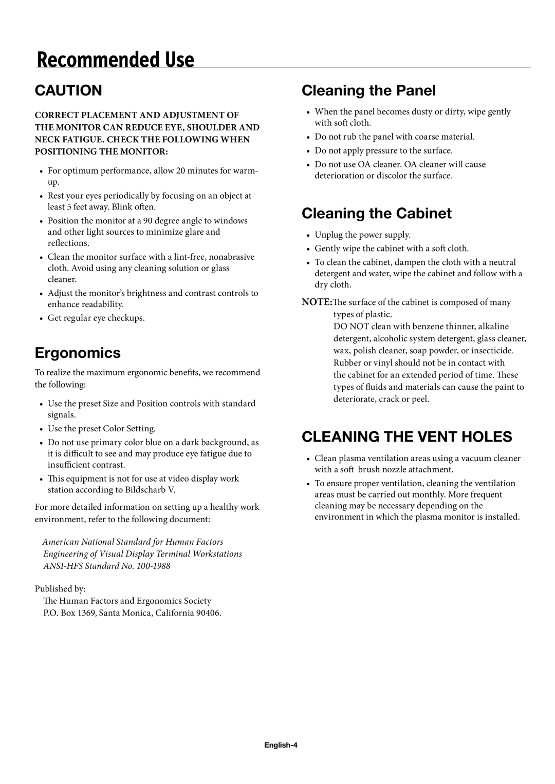 NEC 60XC10, 50XC10, 42XC10 user manual Recommended Use, English-4 