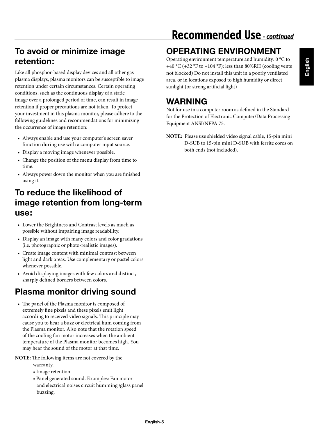 NEC 42XC10, 50XC10, 60XC10 user manual Recommended Use, English-5 