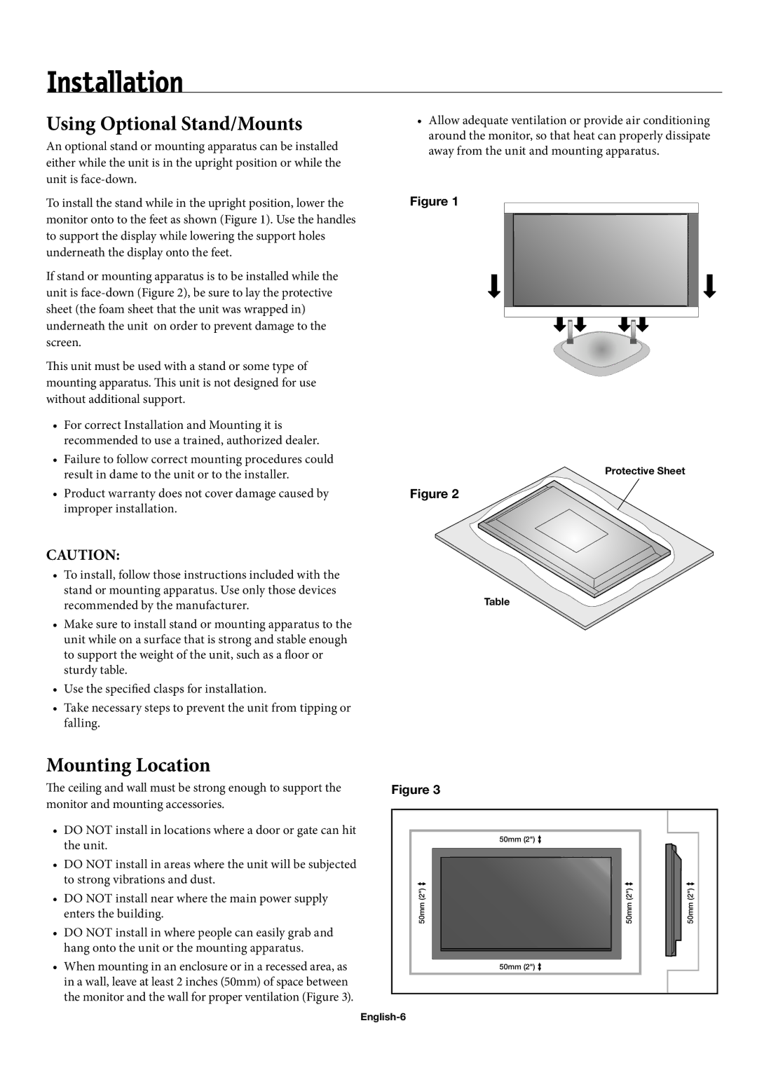 NEC 50XC10, 60XC10, 42XC10 Installation, Using Optional Stand/Mounts, Mounting Location, Recommended by the manufacturer 