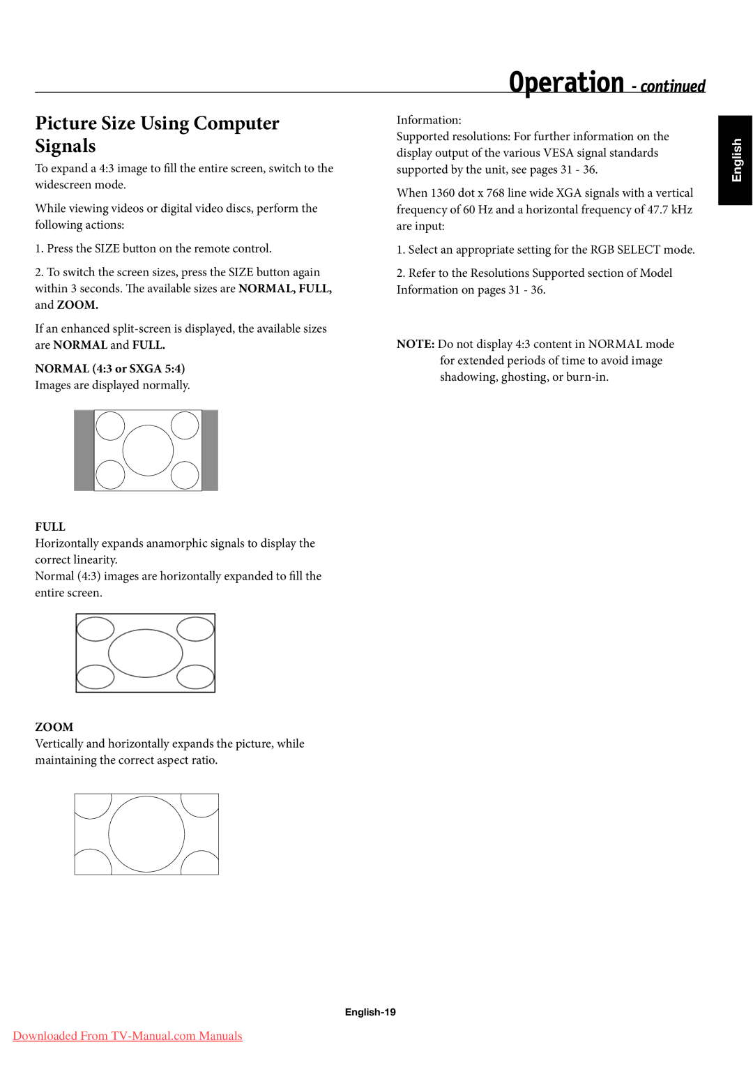 NEC 60XC10, 50XC10, 42XC10 user manual Picture Size Using Computer Signals, Normal 43 or Sxga, English-19 