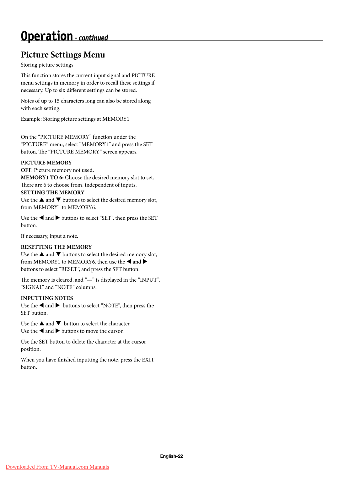 NEC 60XC10, 50XC10, 42XC10 user manual Picture Settings Menu, English-22 