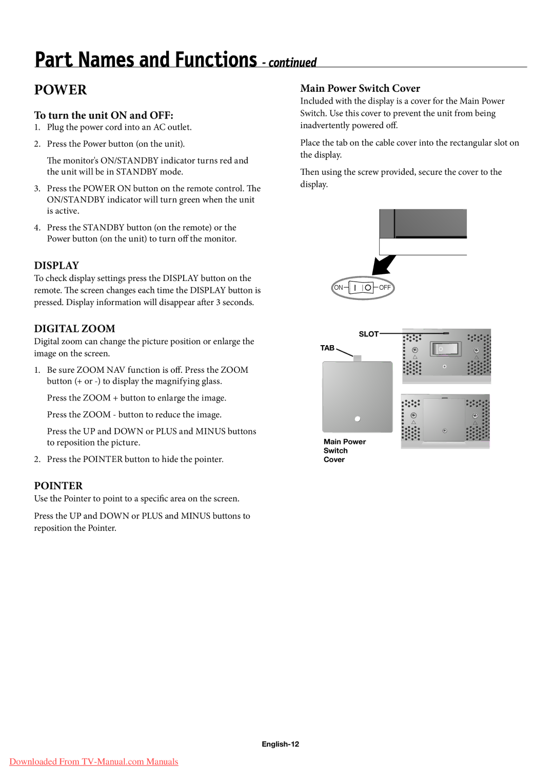 NEC 60XC10, 50XC10 user manual To turn the unit on and OFF, Main Power Switch Cover, English-12 