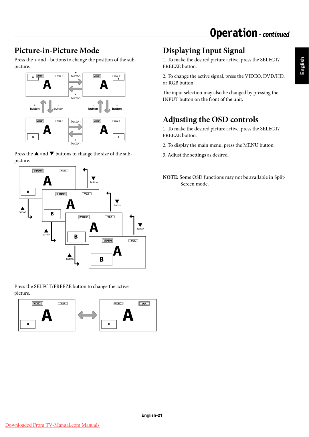 NEC 50XC10, 60XC10 user manual Picture-in-Picture Mode, Displaying Input Signal, Adjusting the OSD controls, English-21 