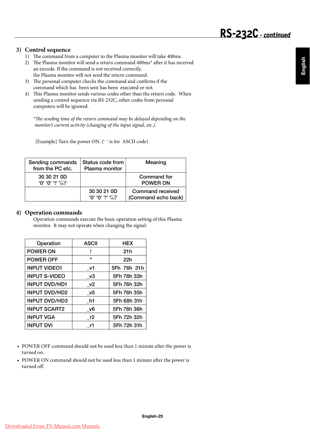 NEC 50XC10, 60XC10 user manual Control sequence, Operation commands, English-25 