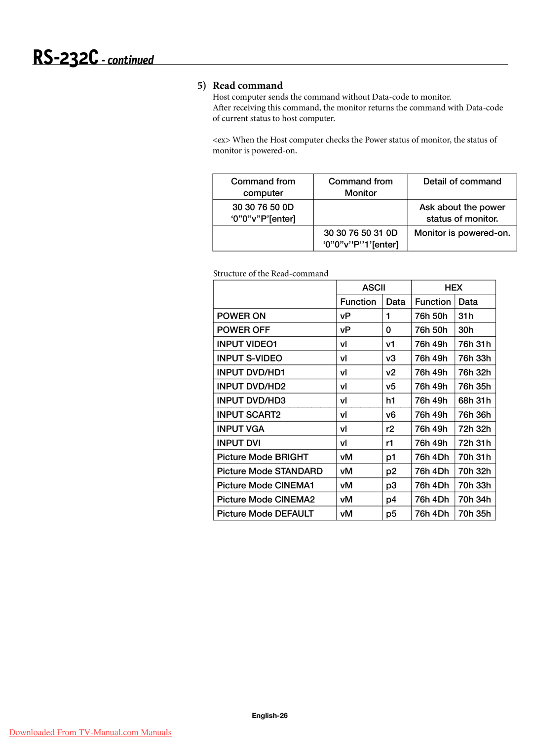 NEC 60XC10, 50XC10 user manual Read command, English-26 