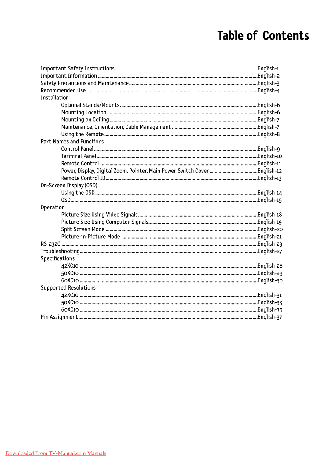 NEC 60XC10, 50XC10 user manual Table of Contents 