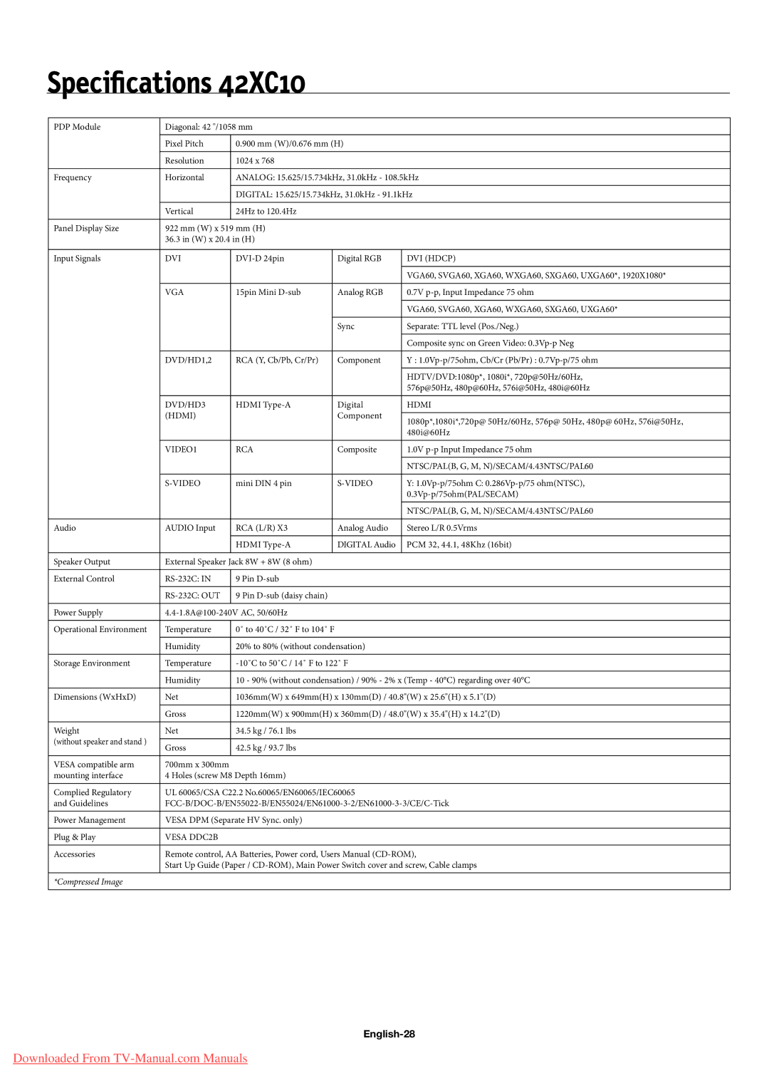 NEC 60XC10, 50XC10 user manual Speciﬁcations 42XC10, English-28 