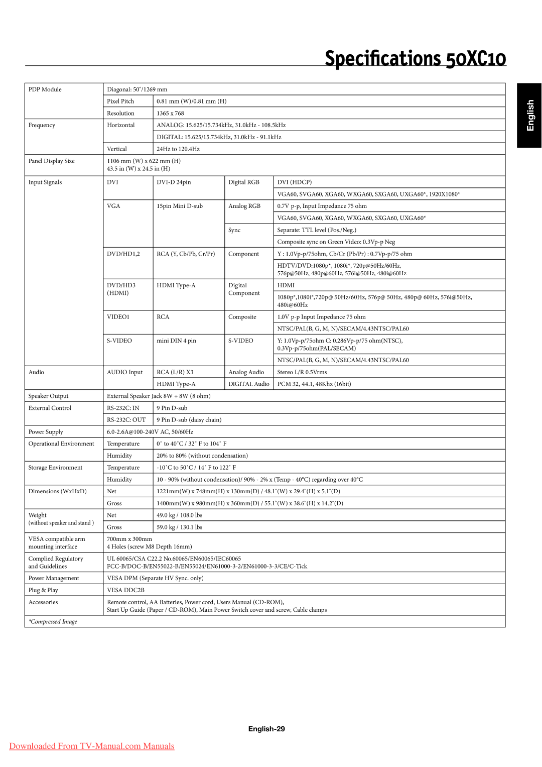 NEC 60XC10 user manual Speciﬁcations 50XC10, English-29 