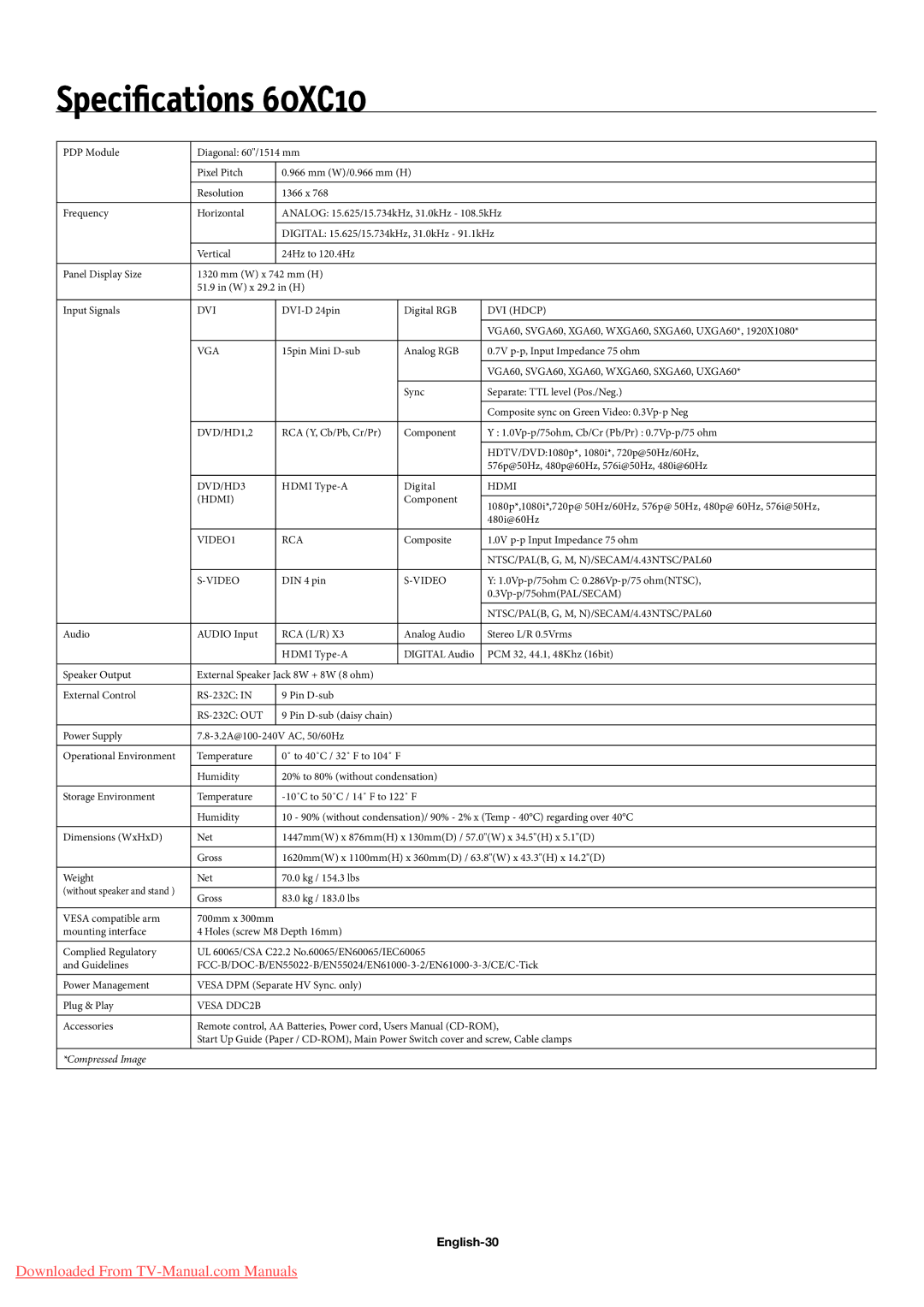 NEC 50XC10 user manual Speciﬁcations 60XC10, English-30 