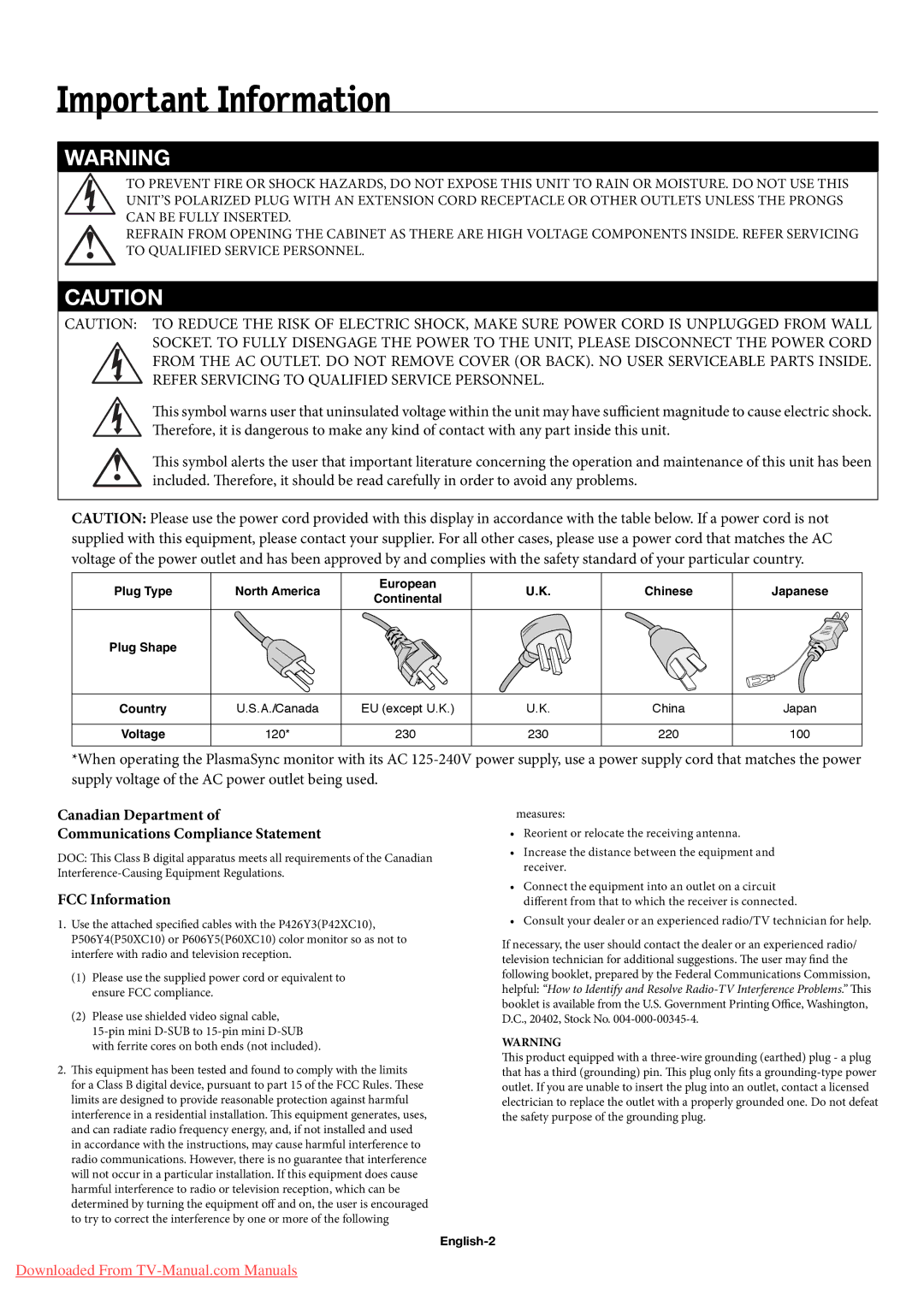 NEC 60XC10 Important Information, Canadian Department Communications Compliance Statement, FCC Information, English-2 