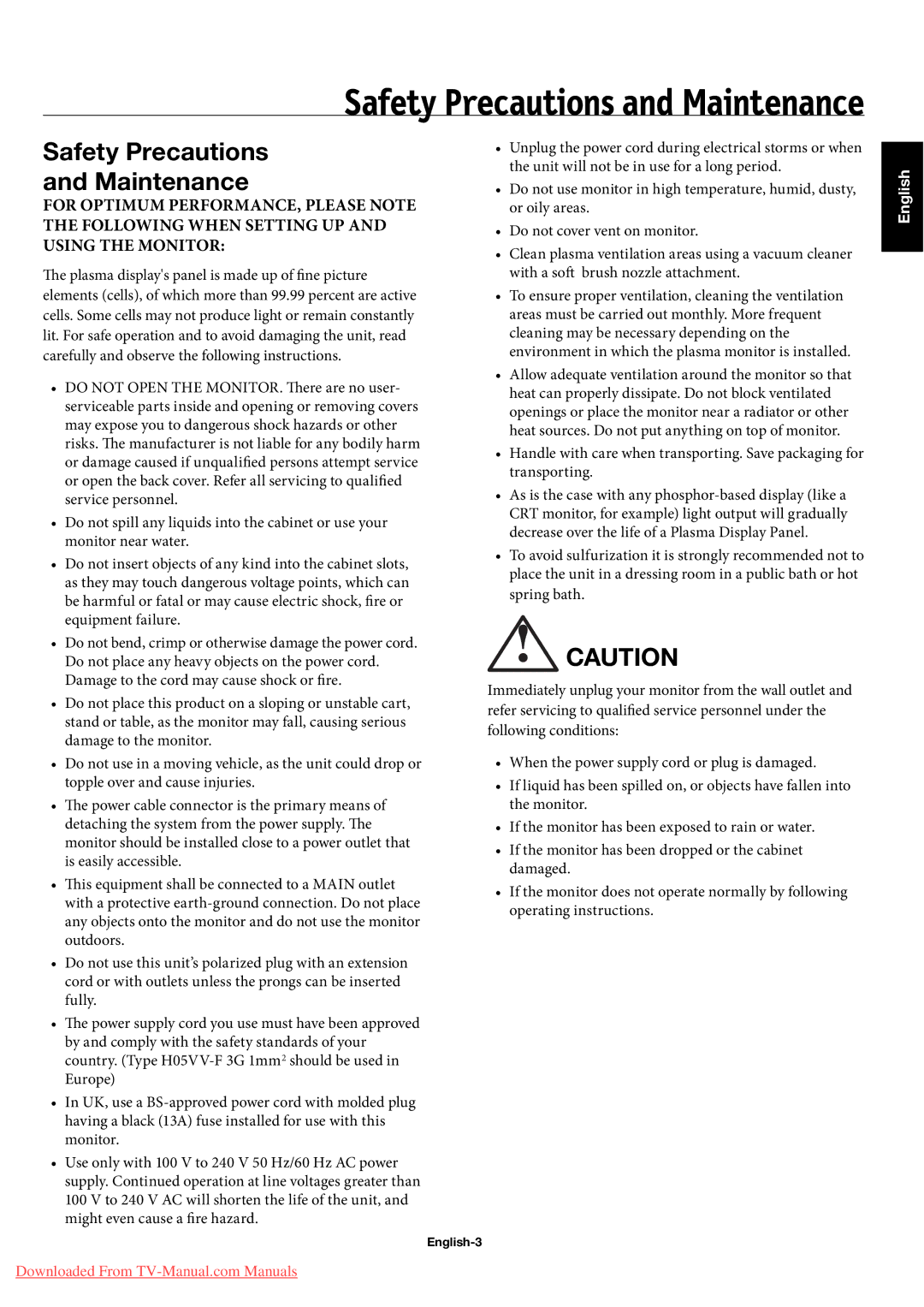 NEC 50XC10, 60XC10 user manual Safety Precautions and Maintenance, English-3 