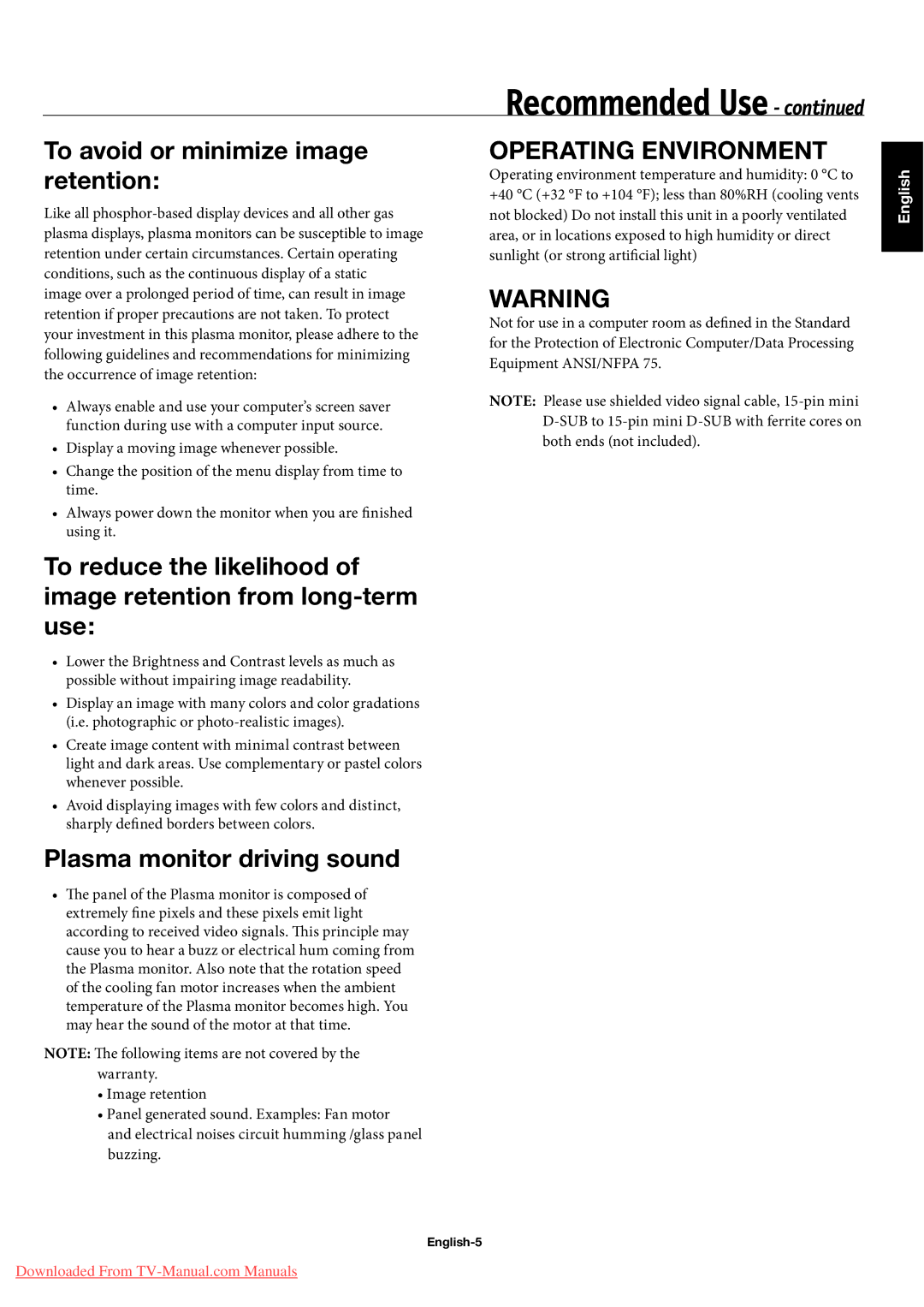 NEC 50XC10, 60XC10 user manual Recommended Use, English-5 