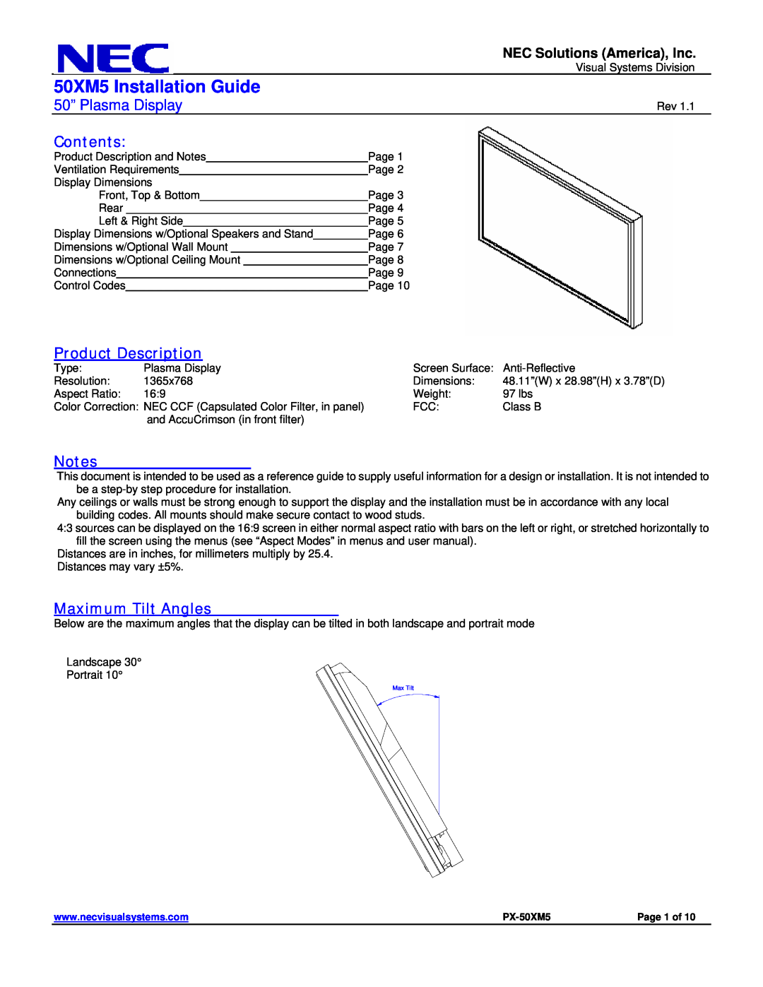 NEC dimensions 50XM5 Installation Guide, 50” Plasma Display, Contents, Product Description, Maximum Tilt Angles 